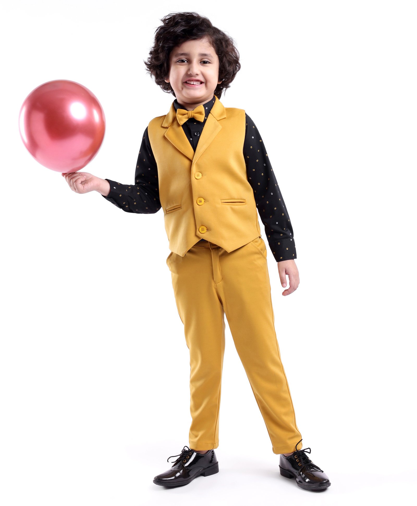 Babyhug Woven Full Sleeves Stretchable Three Piece Solid Colour Party Suit with Bow - Yellow & Black-image-48
