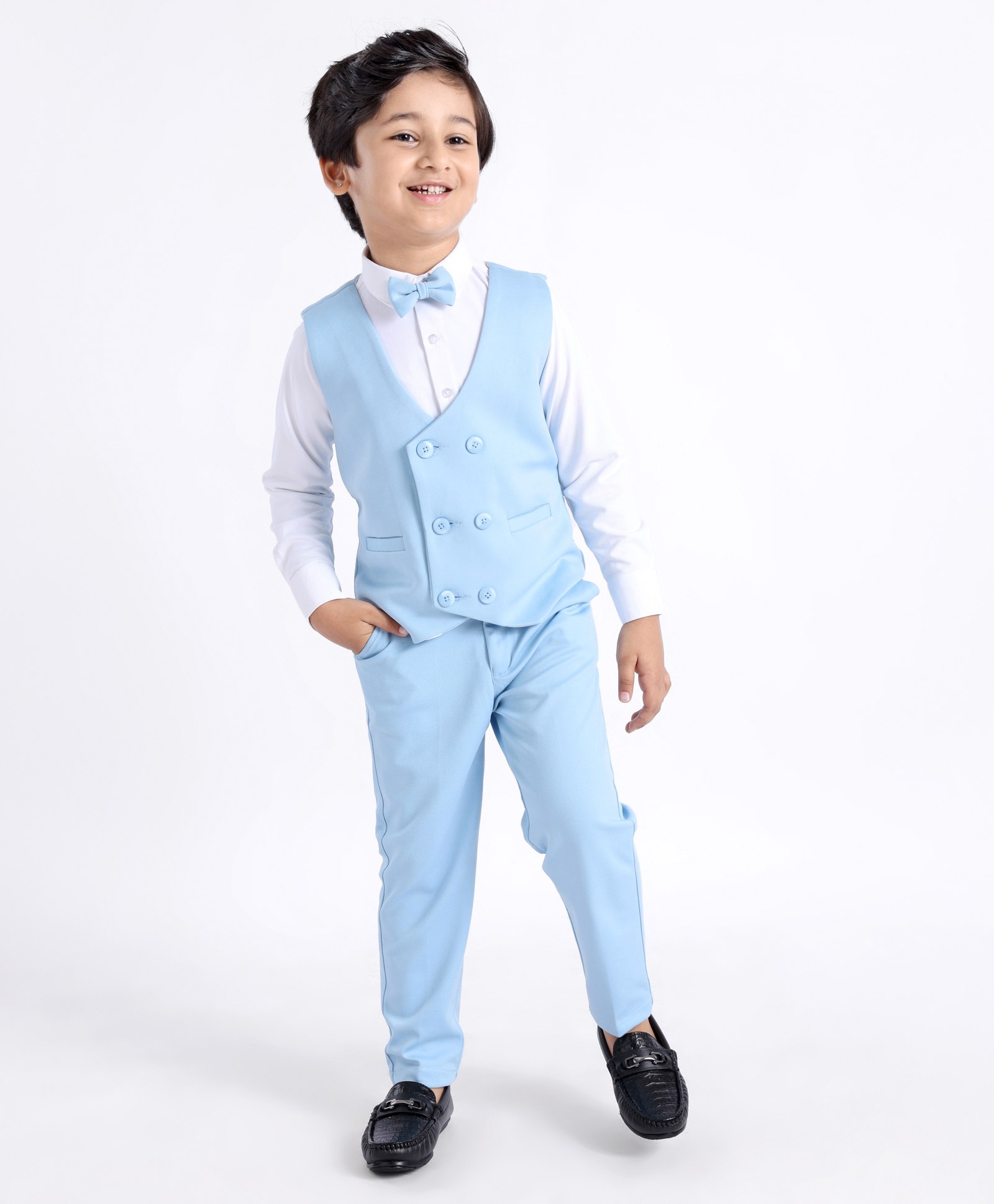 Babyhug Full Sleeves Three Piece Party Suit with Bow & Stretch - White & Blue-picture-17