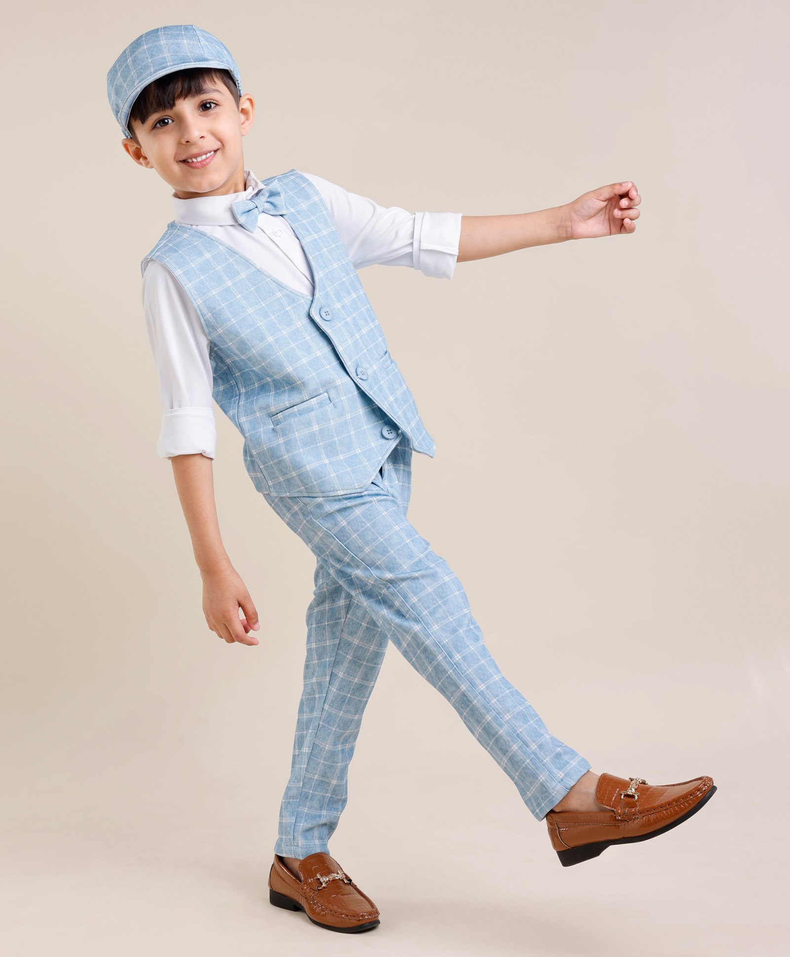 Babyhug Full Sleeves Three Piece Party Suit Checkered with Bow & Hat - White & Blue-picture-19