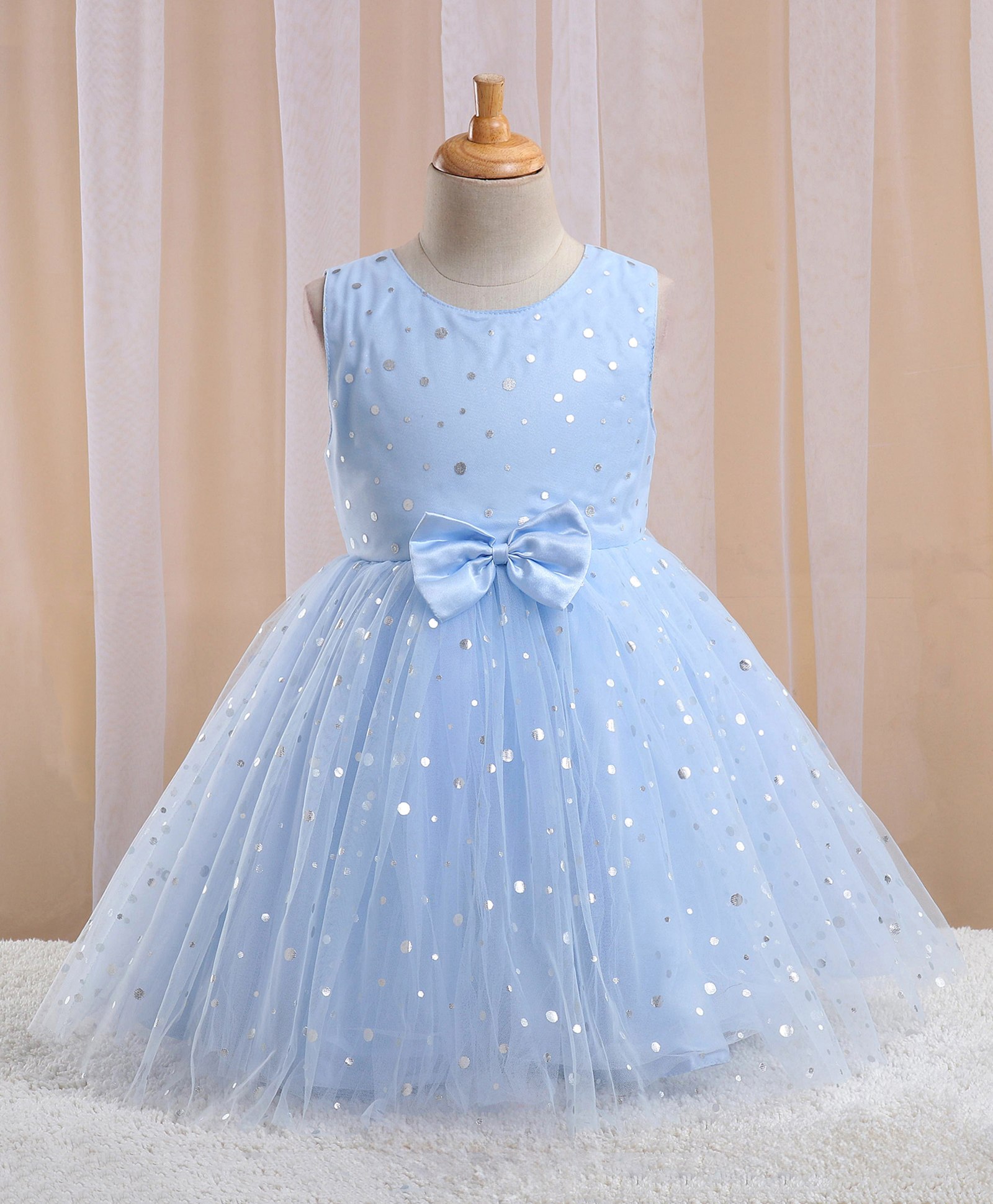 Babyhug Sleeveless Foil Printed with Bow Applique Flared Party Frock - Powder Blue-image-28