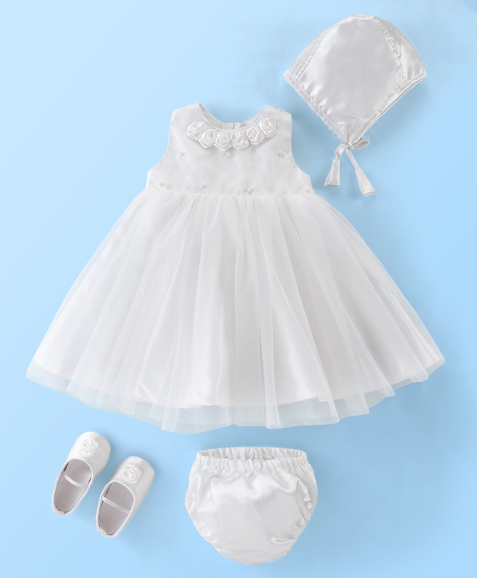 Babyhug Sleeveless Baptism Set With Floral Applique - White-image-22
