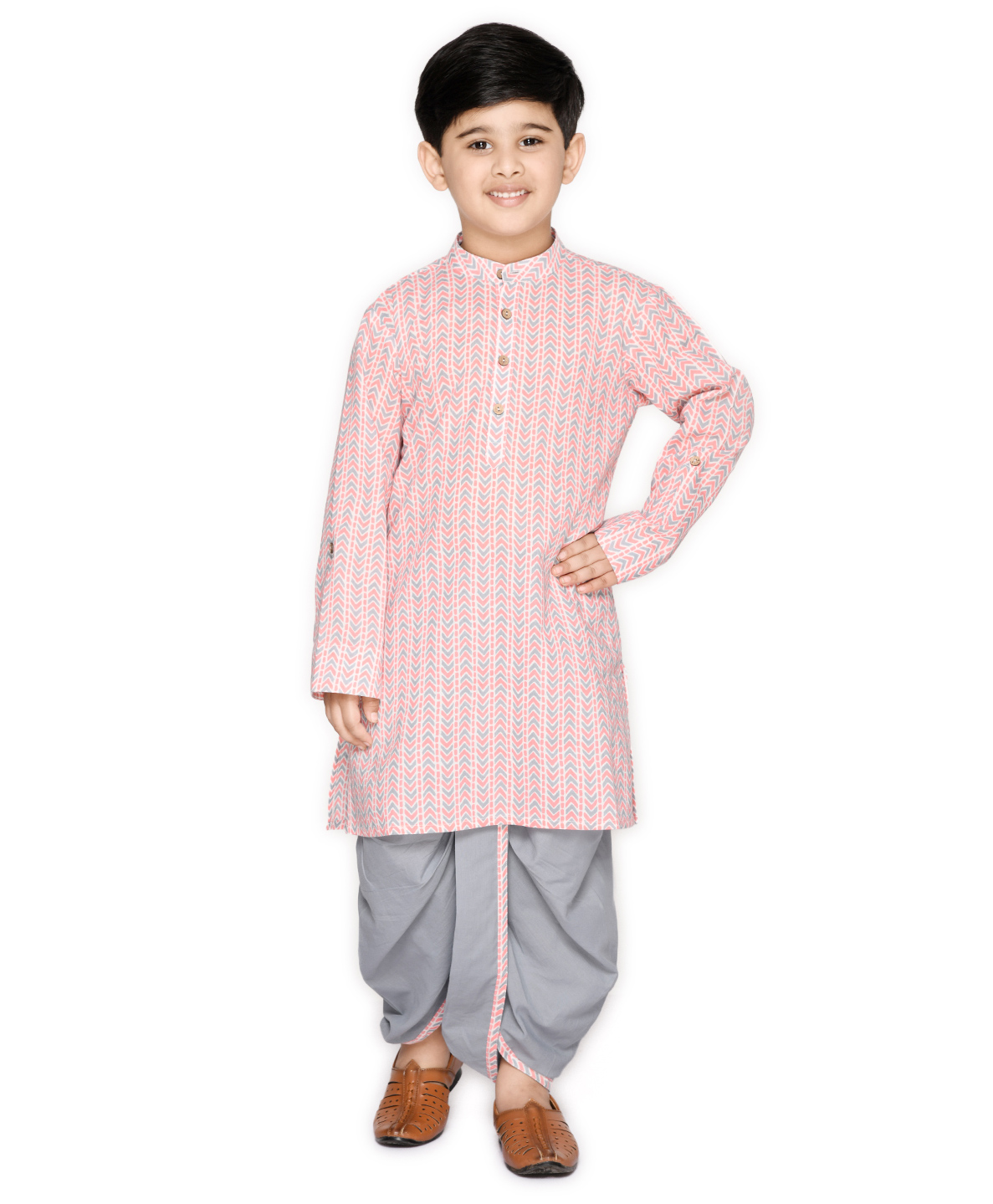 Saka Designs by Sapna Printed 100% Cotton Full Sleeves Kurta & Dhoti - Pink-image-3