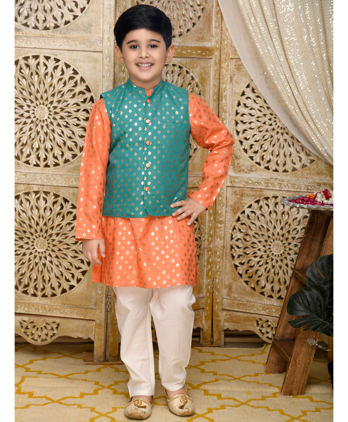 Saka Designs by Sapna Foil Printed Full Sleeves Kurta and Pyjama with Jacket - Teal & Orange-picture-12