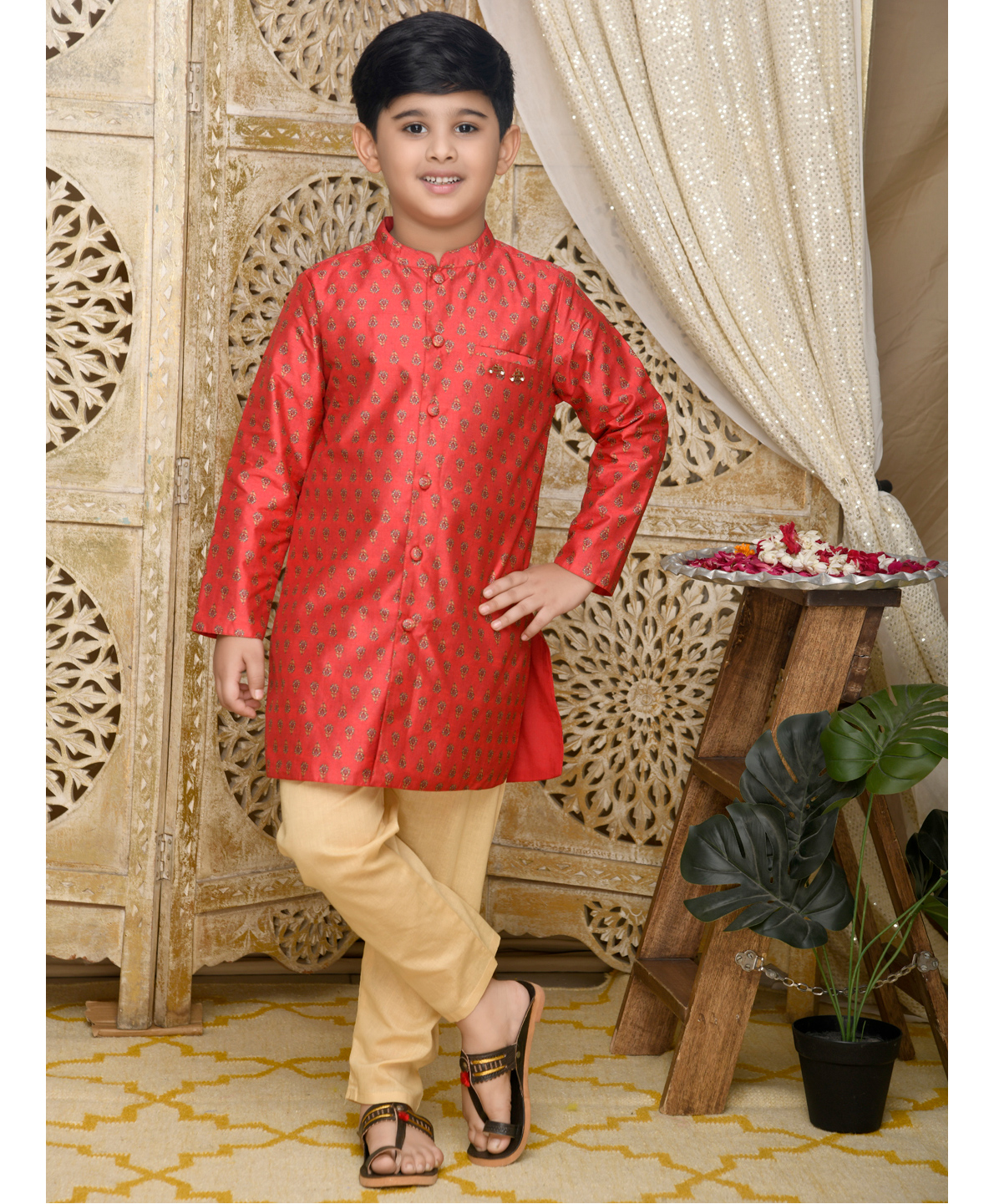 Saka Designs By Sapna Full Sleeves Blended Silk Chanderi Anchkan Floral Printed Kurta & Solid Colour Pyjama - Maroon-picture-24