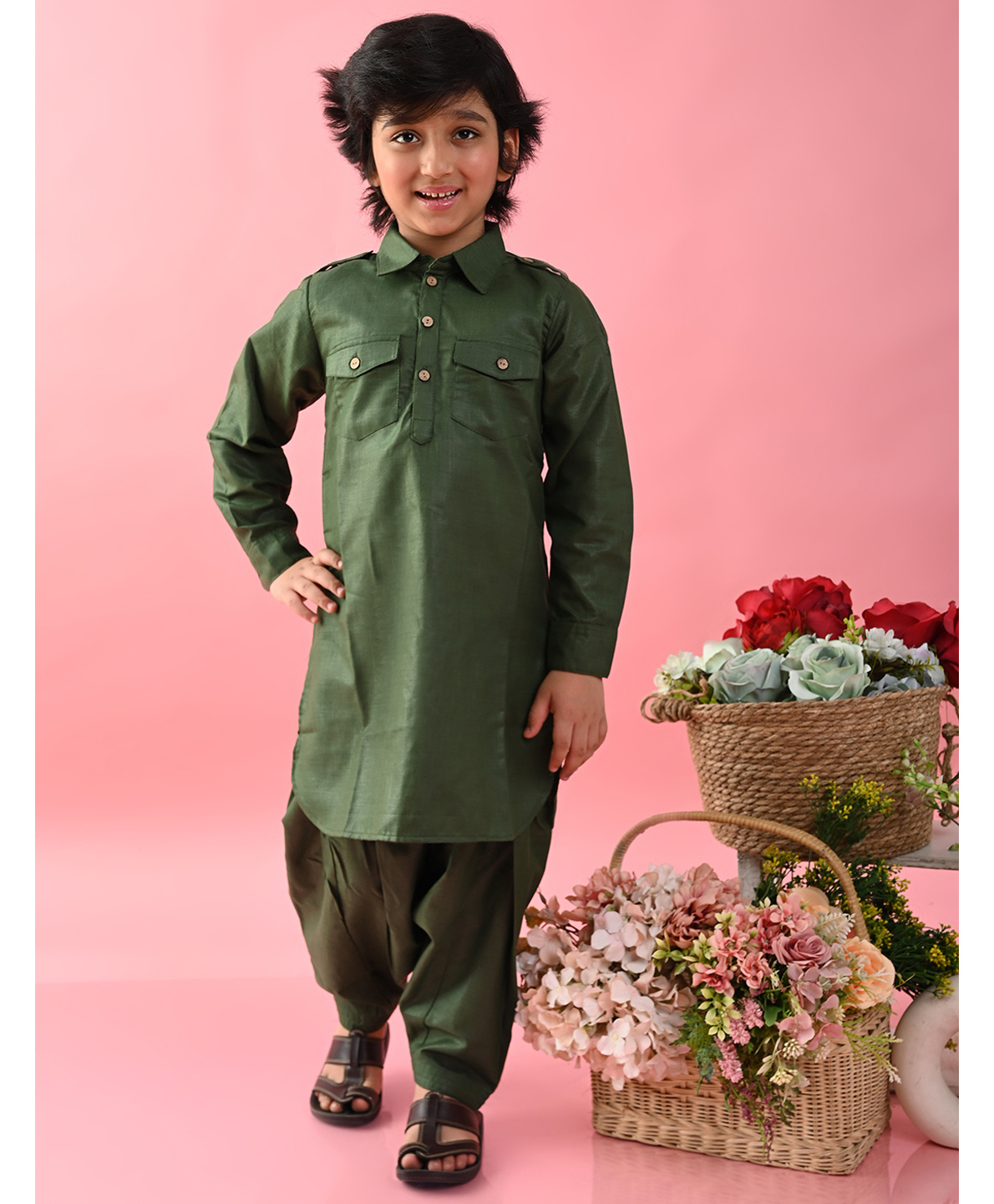 Saka Designs By Sapna Full Sleeves Cotton Solid Colour Pathani Kurta & Salwar - Green-picture-6