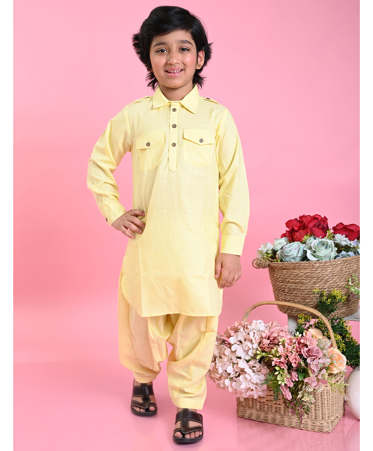 Saka Designs By Sapna Full Sleeves Blended Cotton Solid Colour Pathani Kurta & Salwar - Yellow-picture-26