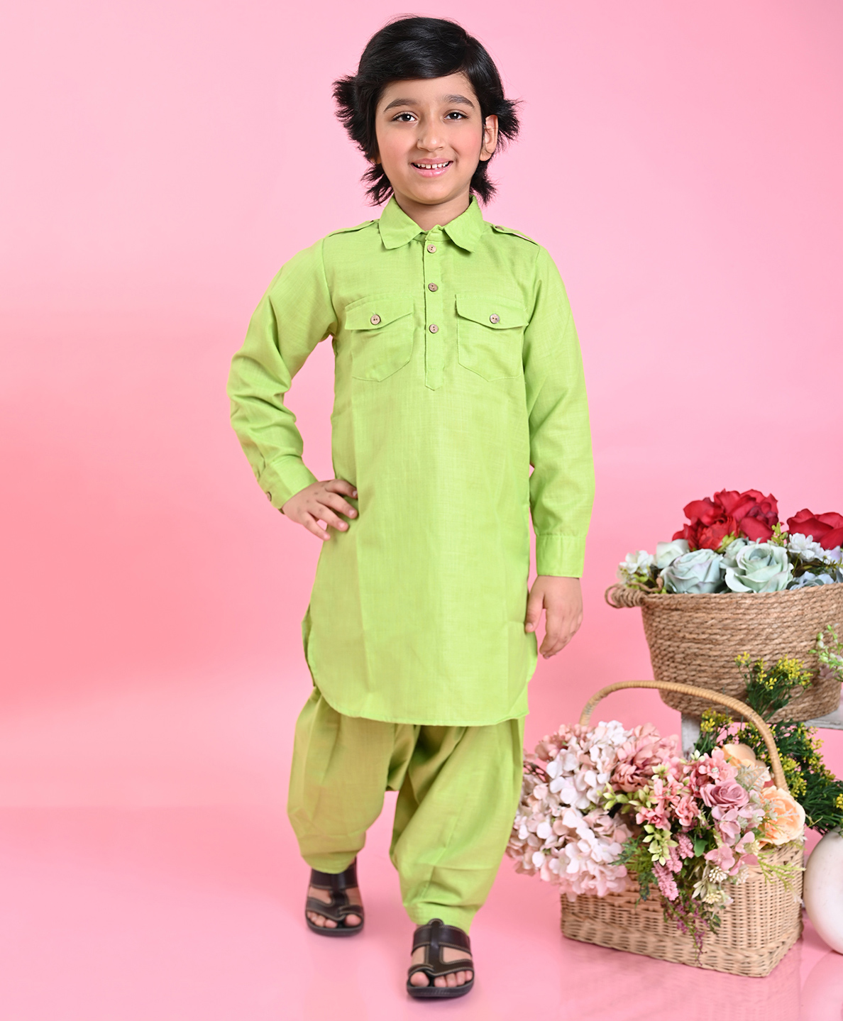 Saka Designs By Sapna Full Sleeves Blended Cotton Solid Colour Pathani Kurta & Salwar - Green-image-2
