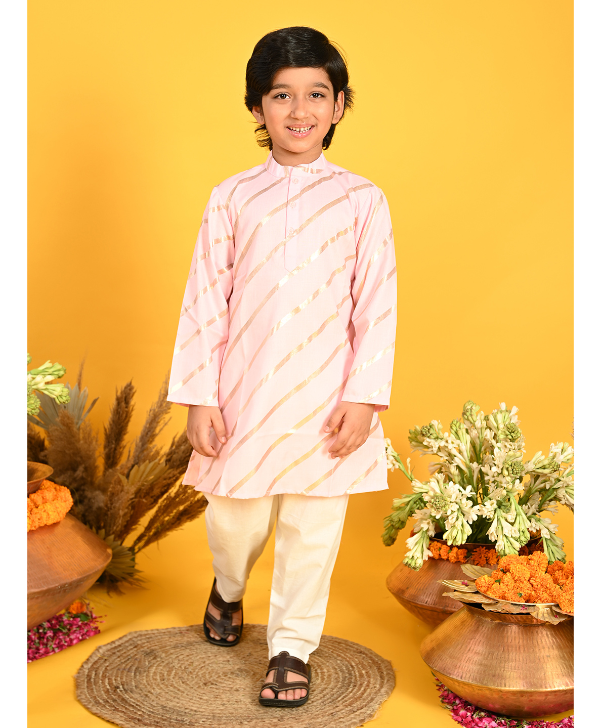 Saka Designs By Sapna Stripes Printed Full Sleeves  Kurta & Pyjama Set - Pink & Gold-image-33