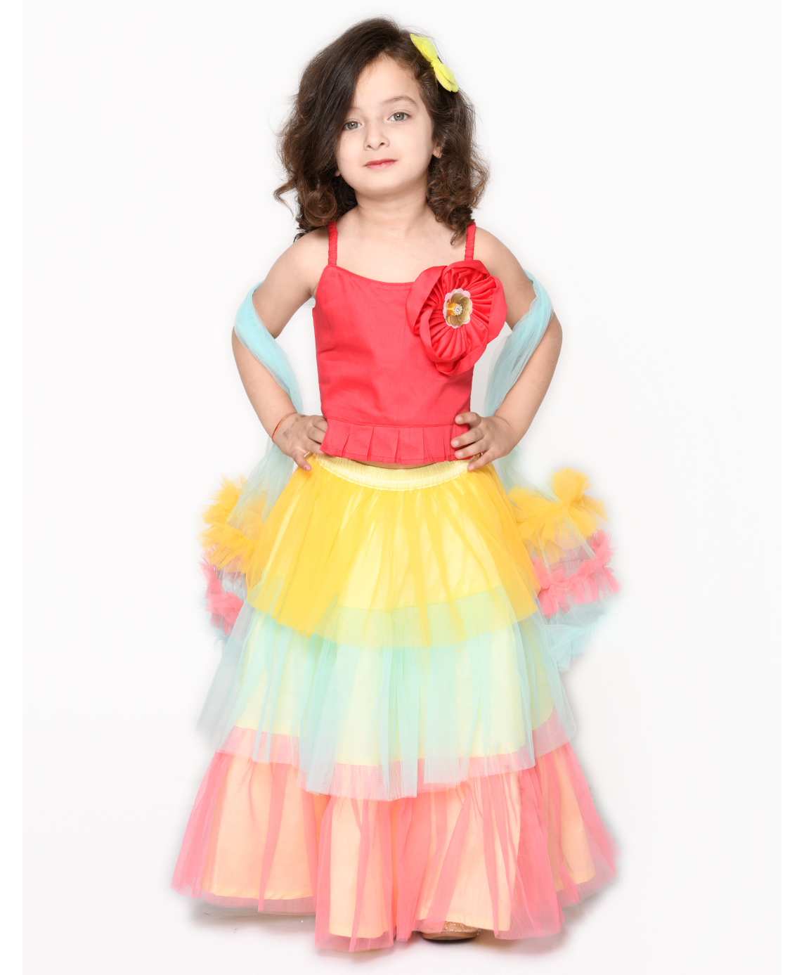 Saka Designs By Sapna Girl Ruffled Lehenga Choli and Dupatta - Magenta and multi colours-picture-42