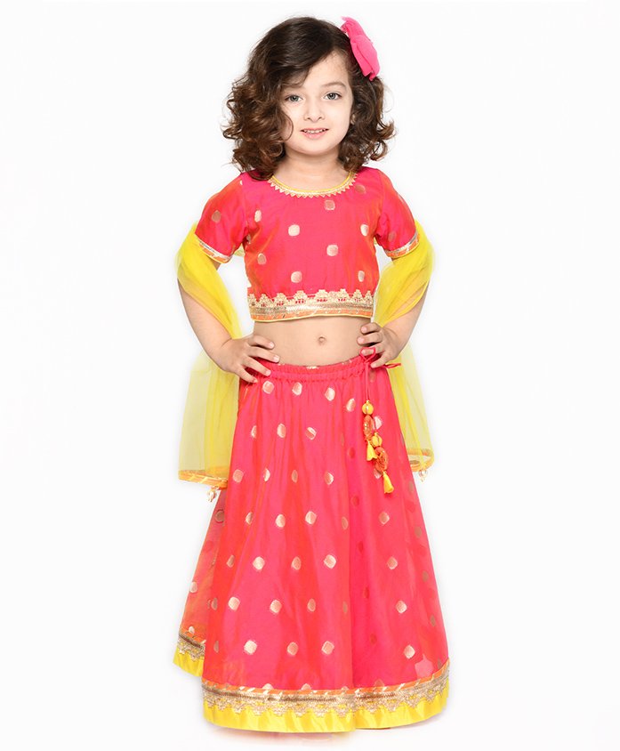 Saka Designs By Sapna Half Sleeves Polka Dots Foil Printed & Laced Embellished Lehenga Choli With Dupatta - Magenta Pink & Yellow-picture-14