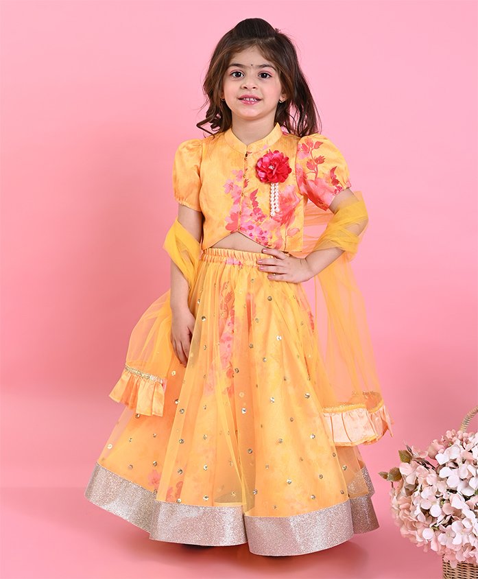 Saka Designs By Sapna Half Sleeves Floral Printed Choli Embroidered Lehenga With Dupatta - Yellow-picture-21