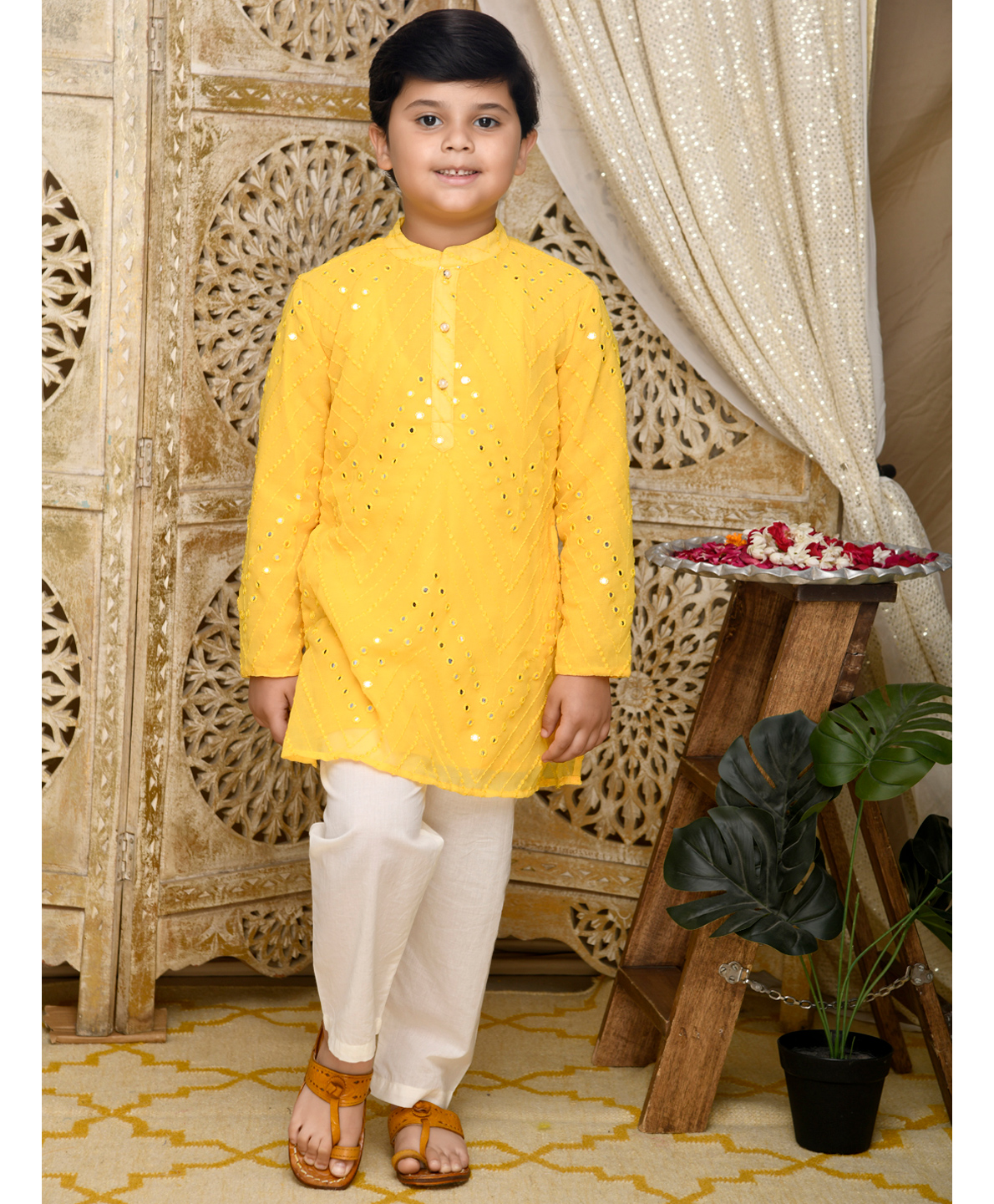Saka Designs By Sapna Full Sleeves Georgette Embroidered Kurta with Mirror Work Detailing & Soild Colour Pyjama - Yellow-picture-8