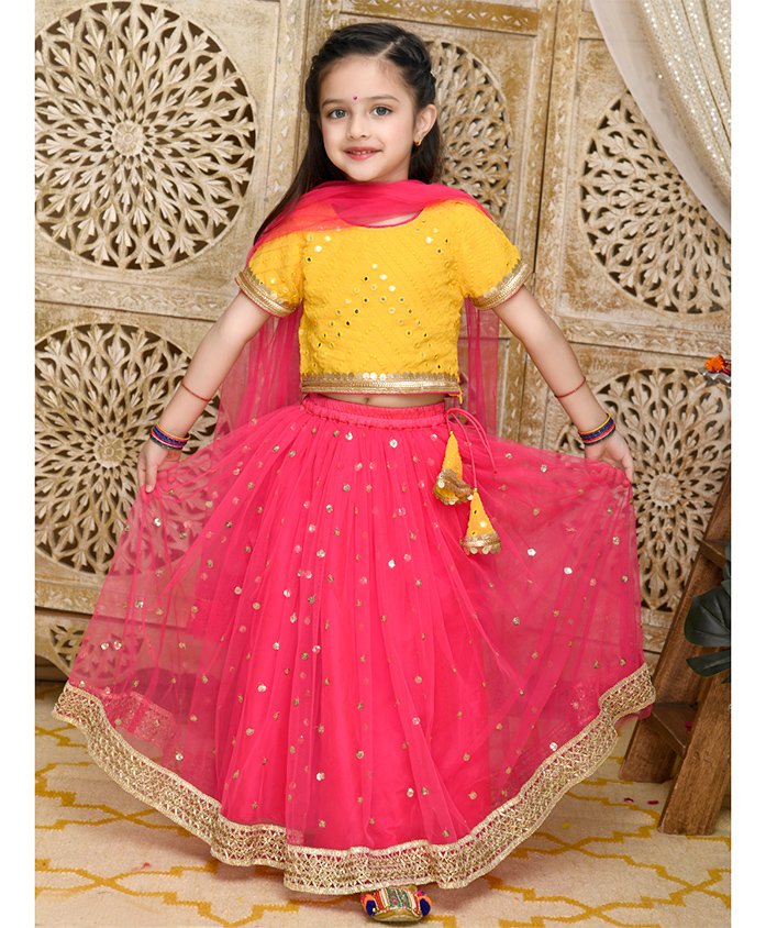 Saka Designs By Sapna Half Sleeves Embroidered Lace & Sequin Embellished Chanderi Lehenga & Choli With Net Dupatta - Yellow & Magenta-picture-14