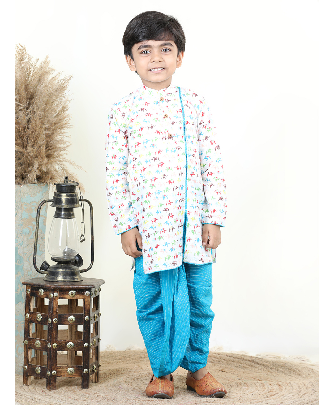 Kinder Kids Full Sleeves Elephant Printed  Kurta & Dhoti - Blue-image-3