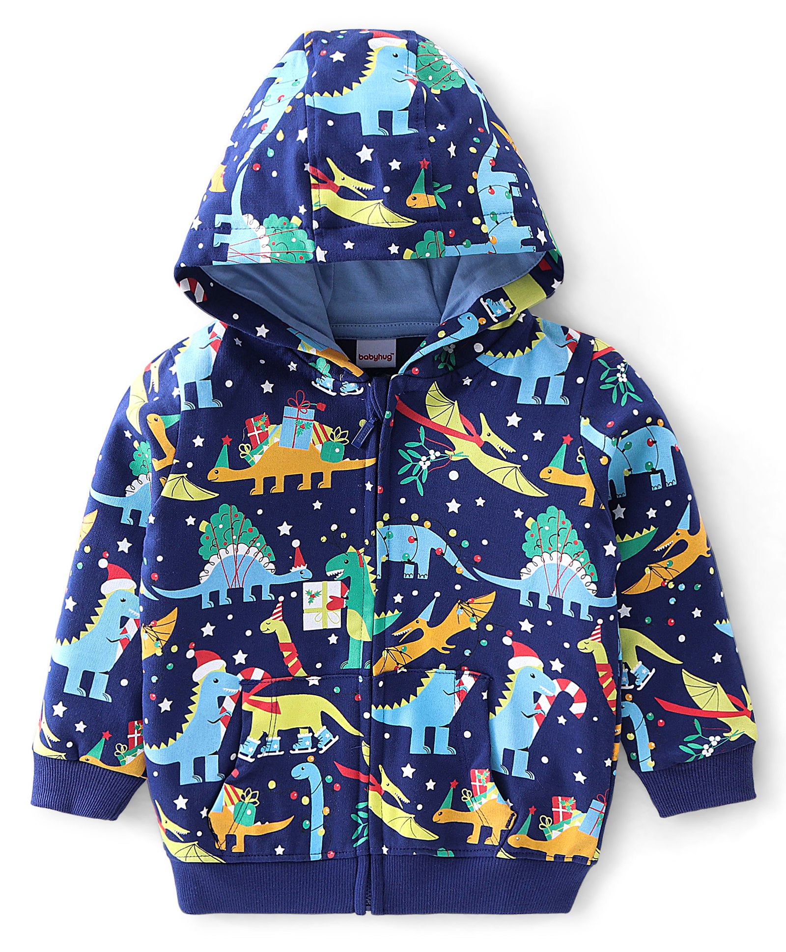 Babyhug Cotton Knit Full Sleeves Sweatjacket With Zipper & Hood Dino Print - Blue-picture-16