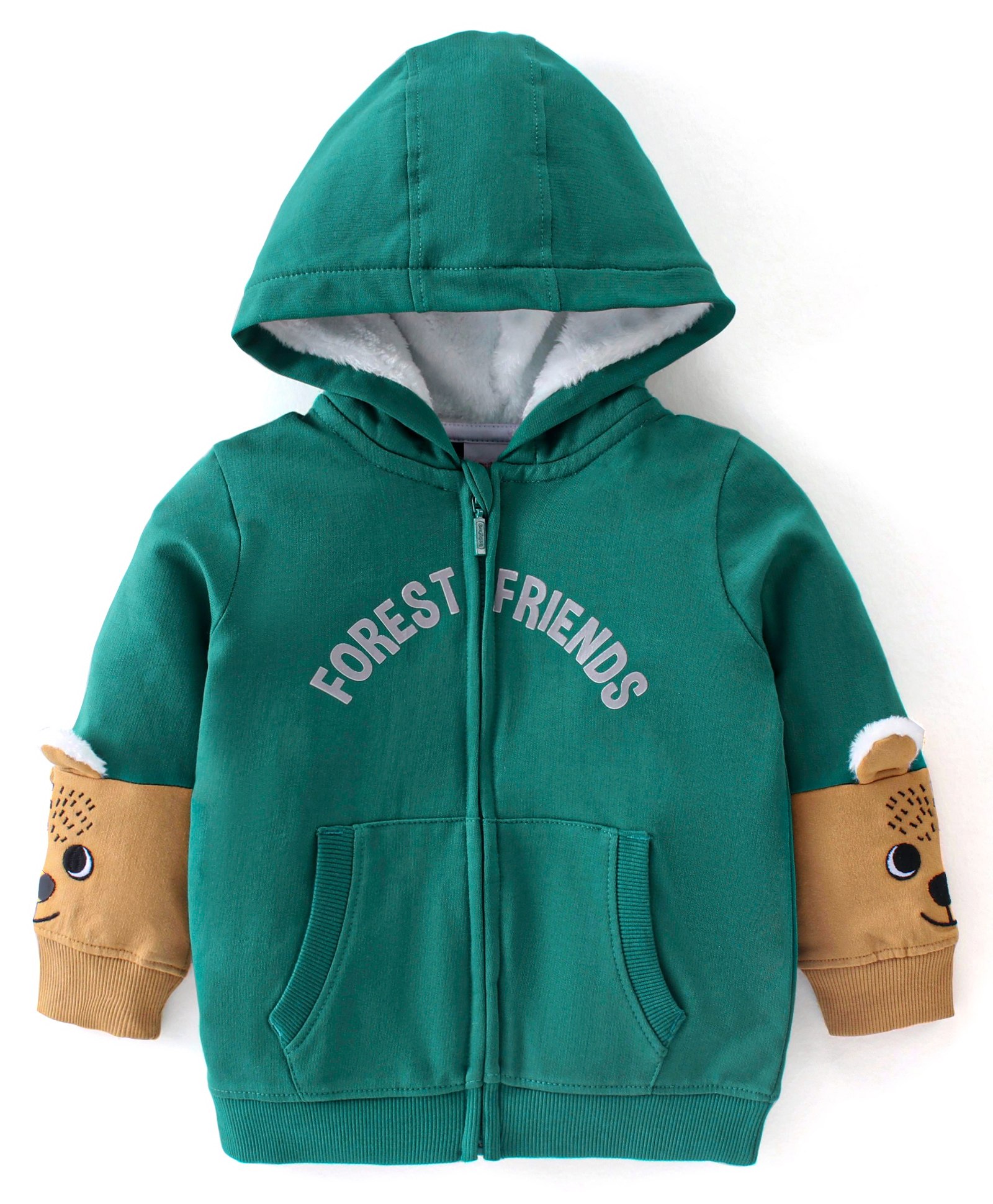 Babyhug Full Sleeves Sweatjacket with Zipper Hood & Fur Detailing on Sleeves - Dark Green-image-15