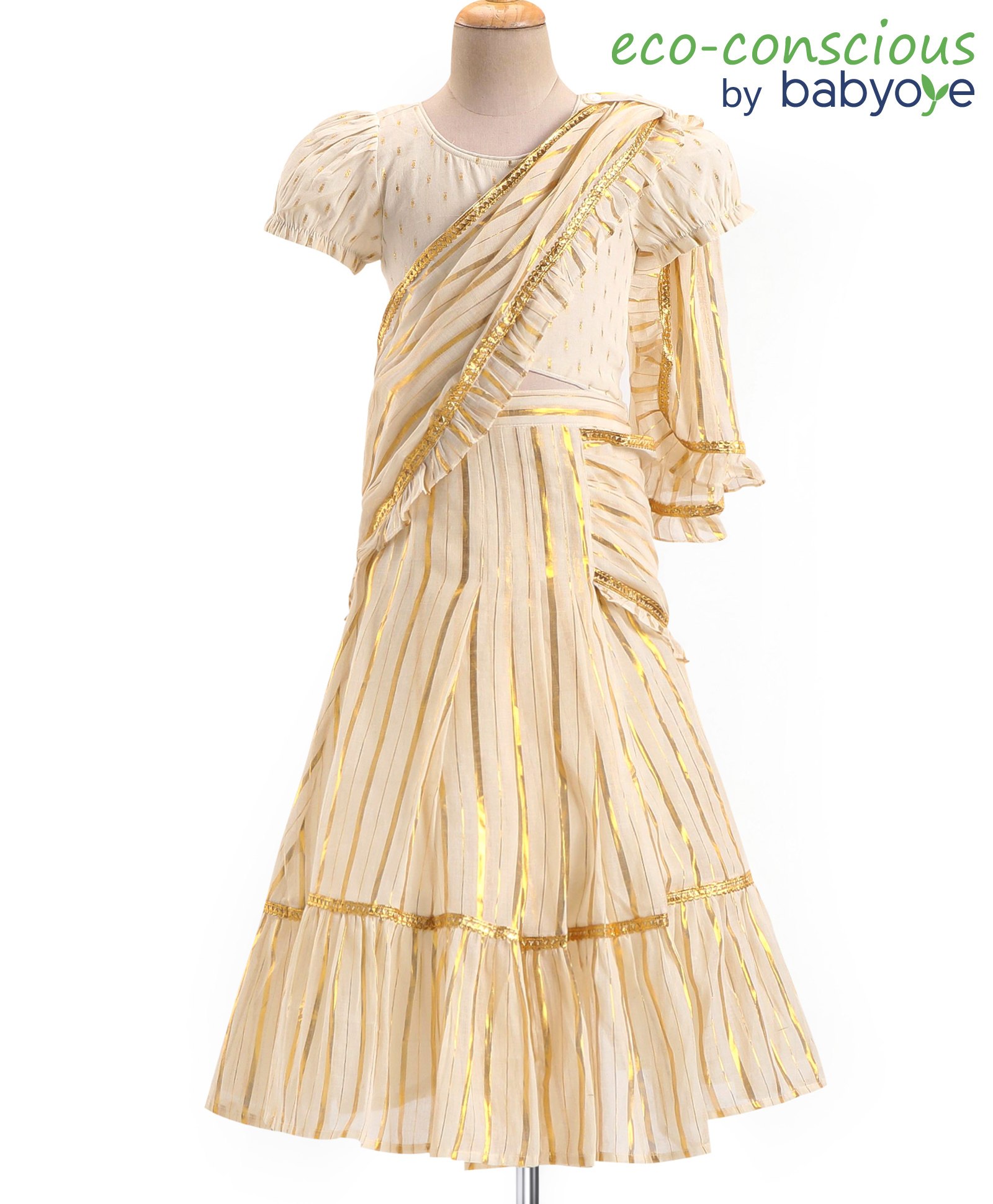 Babyoye Eco Conscious 100% Cotton Woven  Dyed Ethnic Half Sleeve Choli & Saree  -Off White-picture-13
