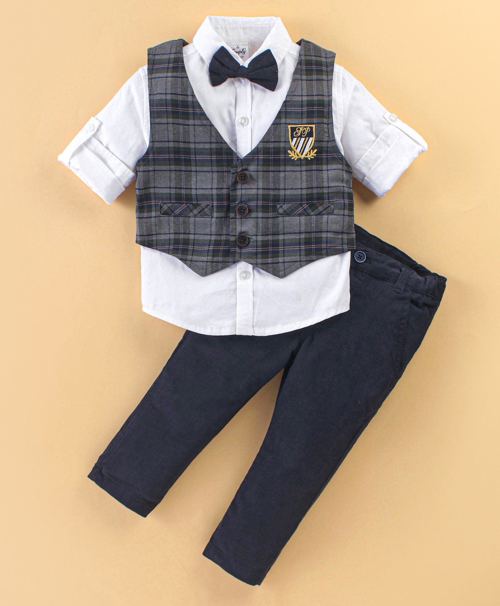 Simply Premium Cotton Full Sleeves Party Suit With Bow Tie Checkered - Black & White-picture-17
