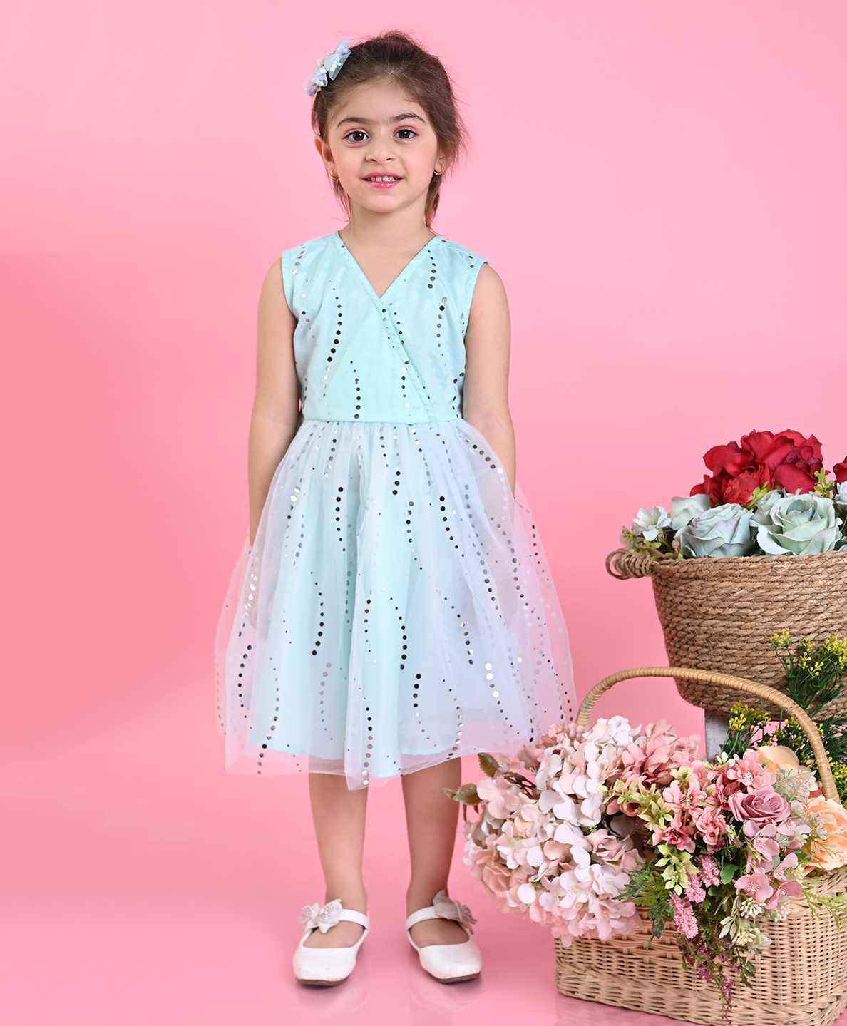 Saka Designs By Sapna Sleeveless Net Mirror Work Detailing Party Frock - Blue-picture-18