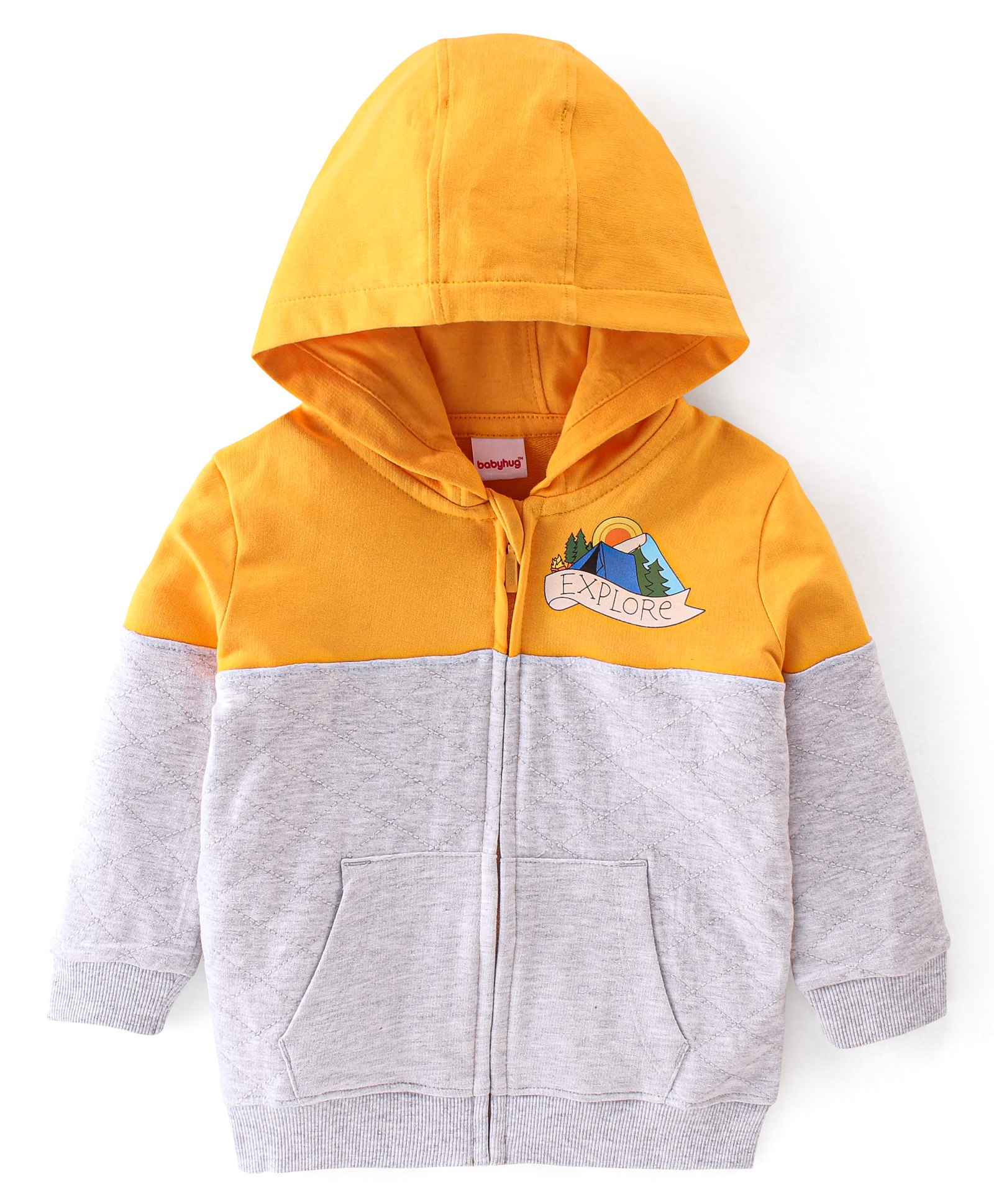 Babyhug Cotton Knit Full Sleeves Hoodie With Quilting Detailing & Text Print - Yellow & Grey-image-29