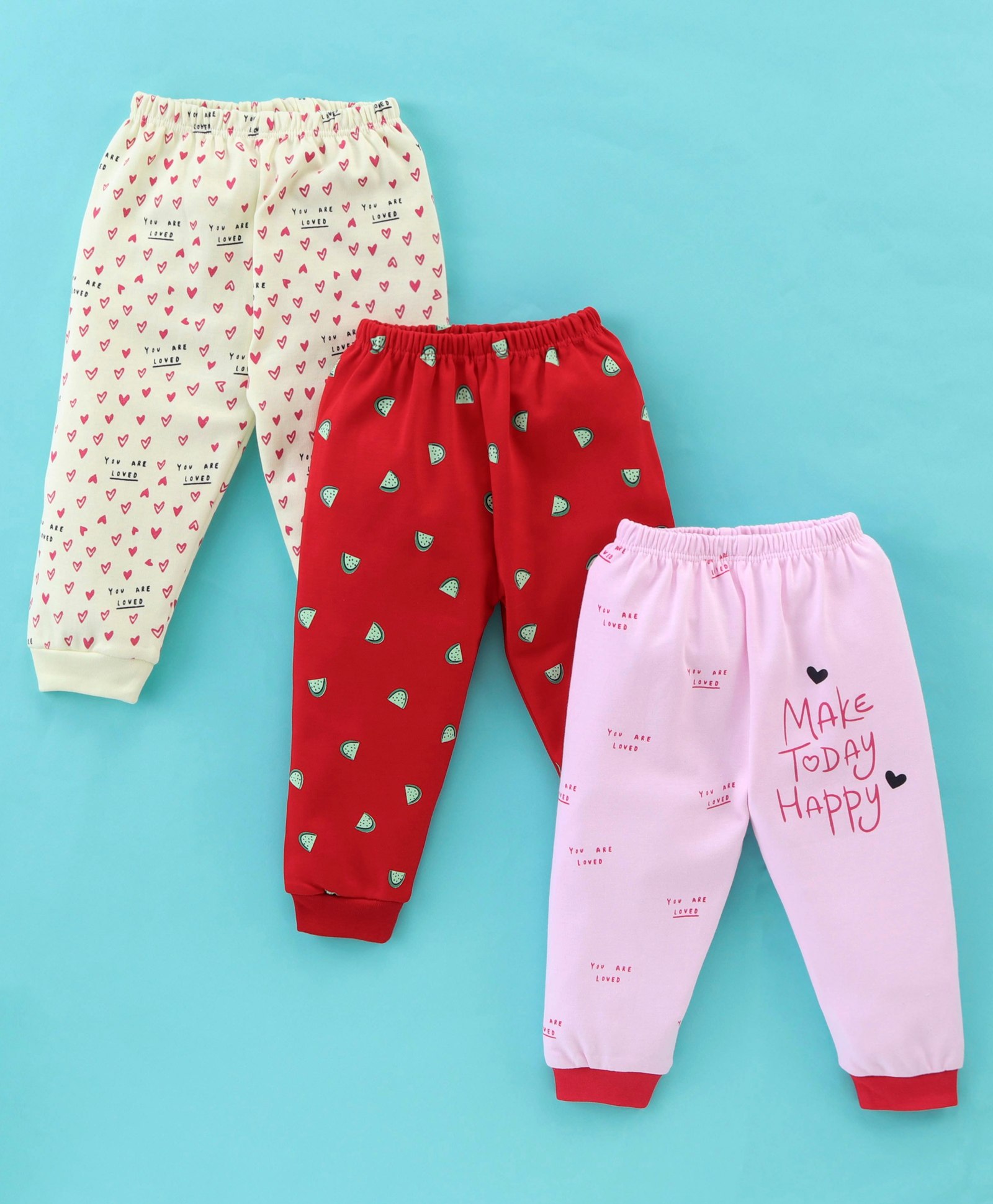 Mini Donuts 100% Cotton Full Length Heart Printed Pajamas Pack of 3 - Red Yellow & Pink-image-39