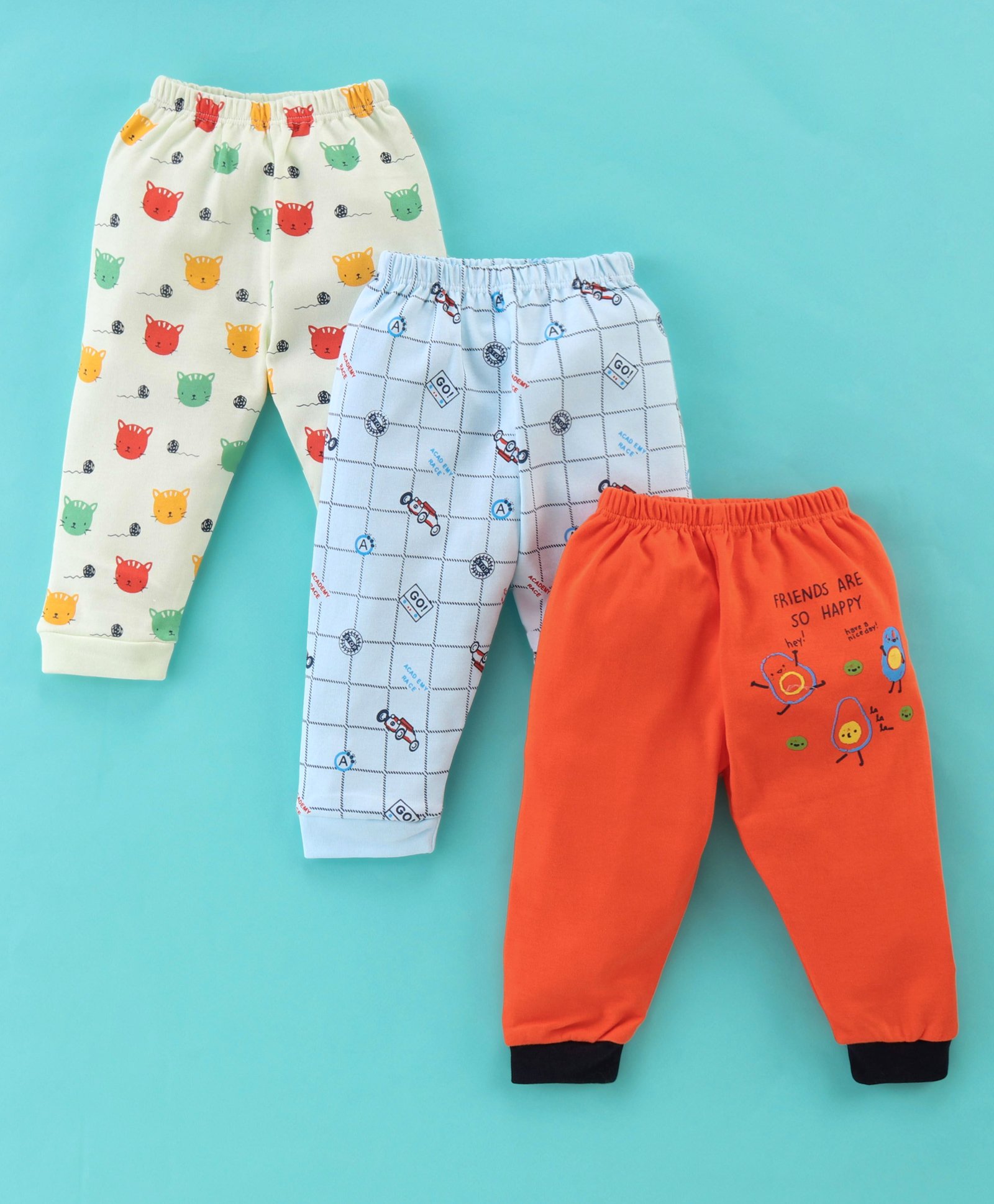 Mini Donuts 100% Cotton Full Length Pajamas Kitten Printed Pack of 3 - Blue Green & Red-picture-17
