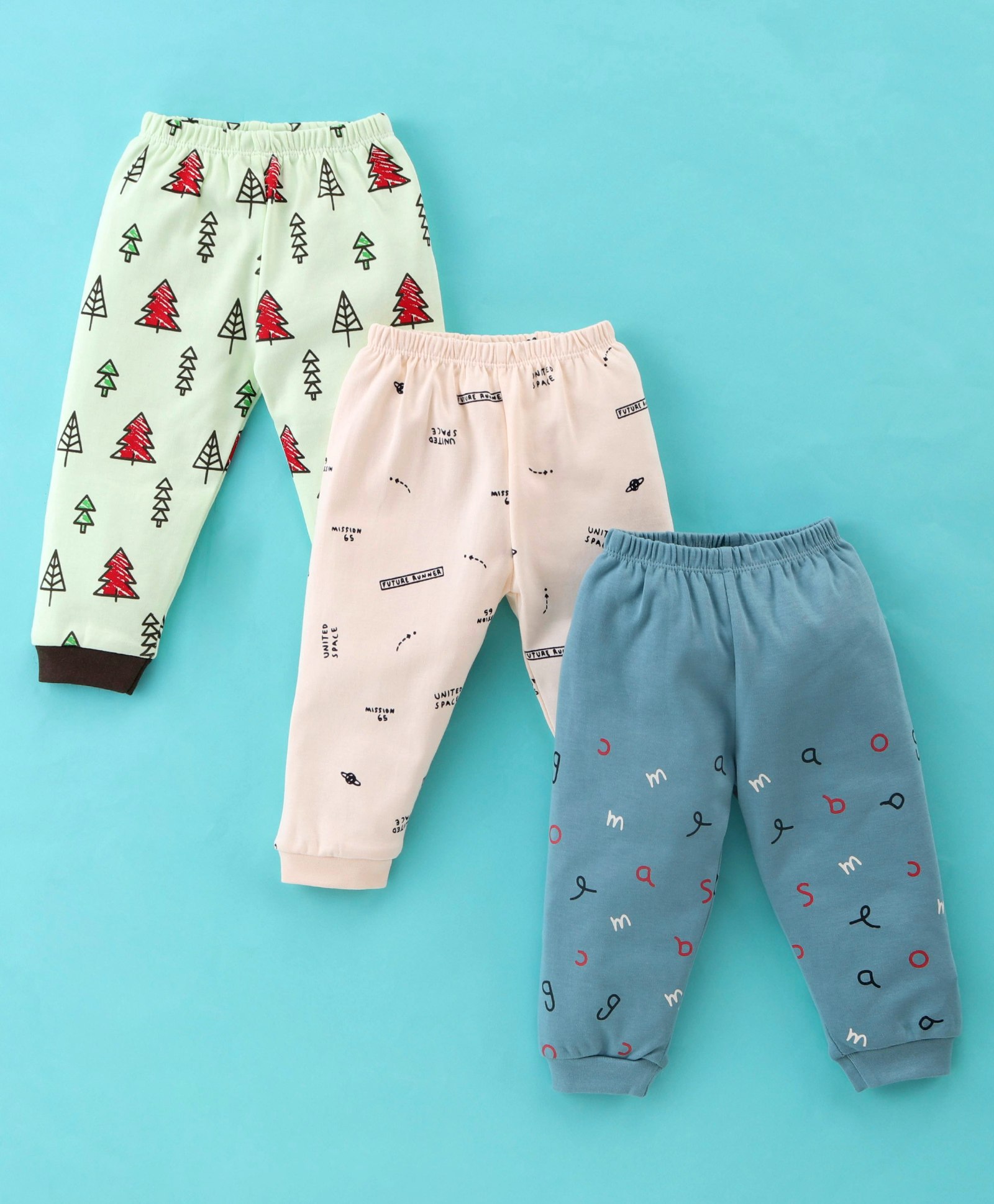 Mini Donuts 100% Cotton Full Length Pajamas Tree Printed Pack of 3 - Peach  Grey & Green-image-9