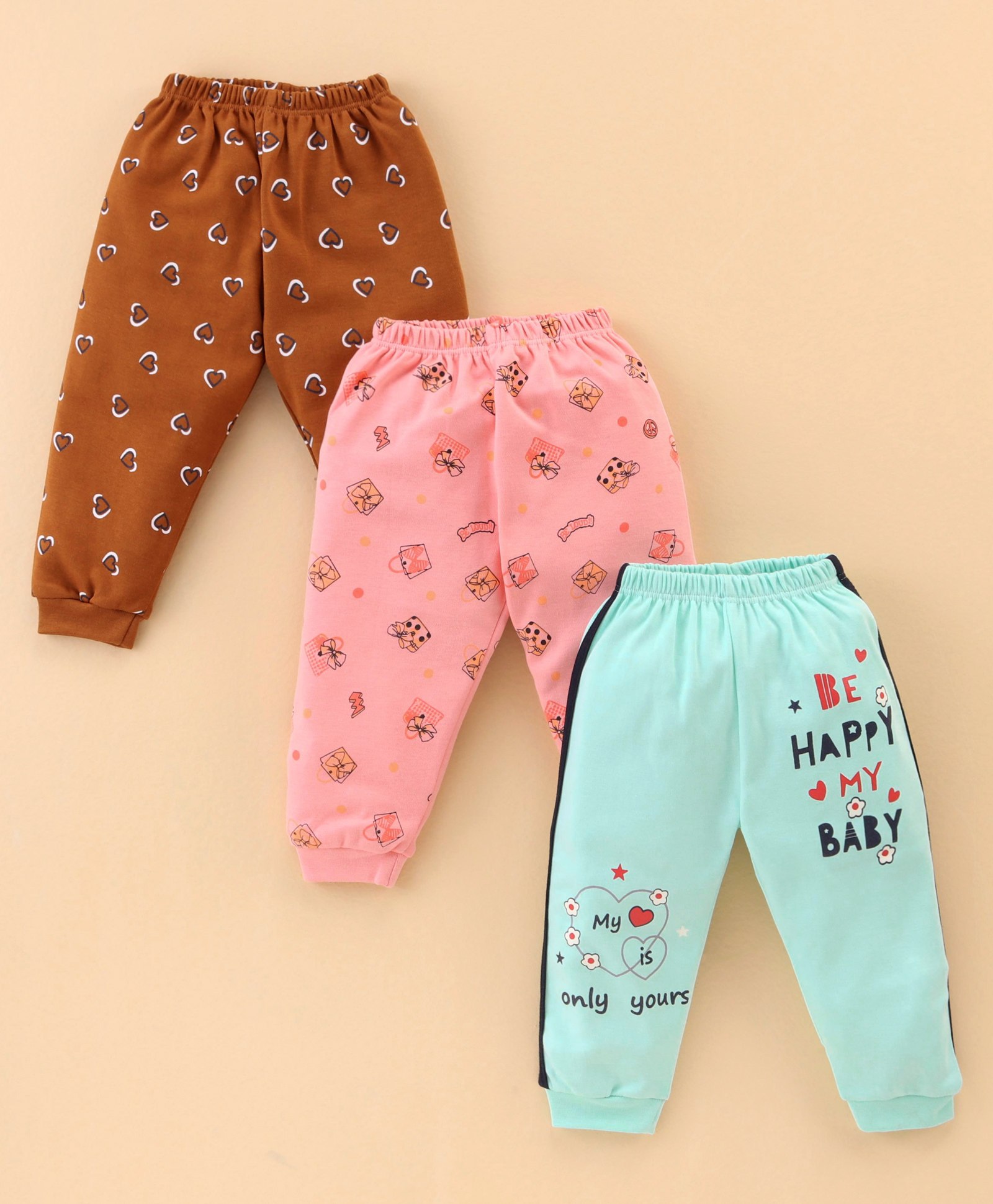 Mini Donuts 100% Cotton Full Length Pajamas Heart Printed Pack of 3 - Blue Mustard & Pink-picture-20