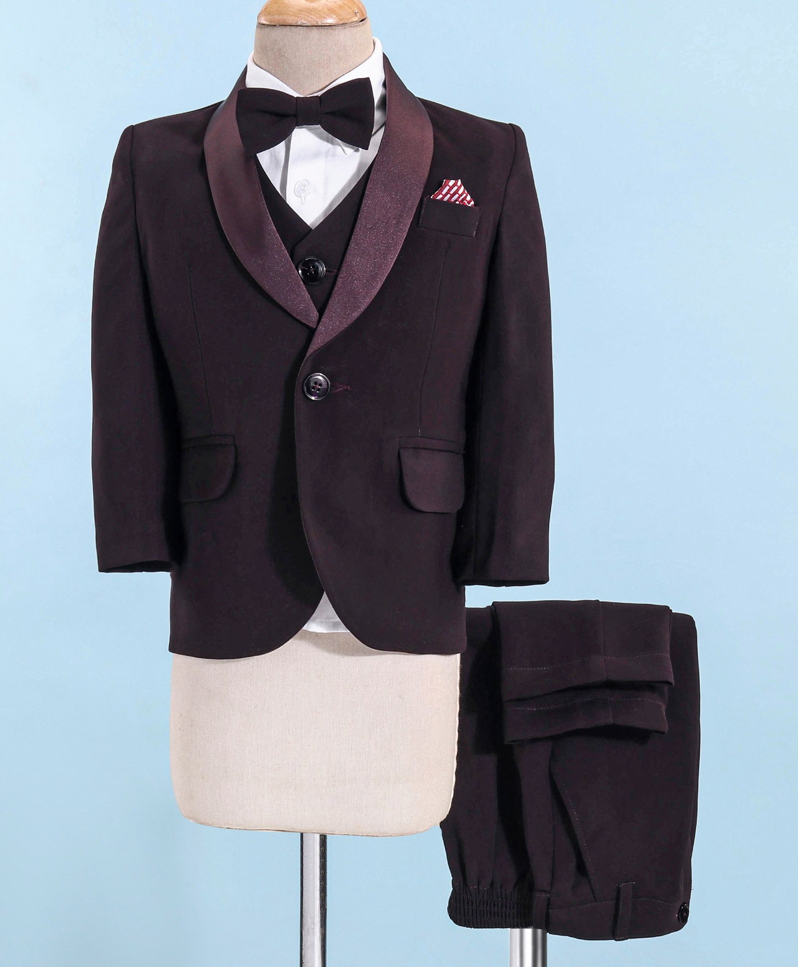 Robo Fry Woven Full Sleeves Four Piece Solid Colour Party Suits With Bow -Maroon-image-18