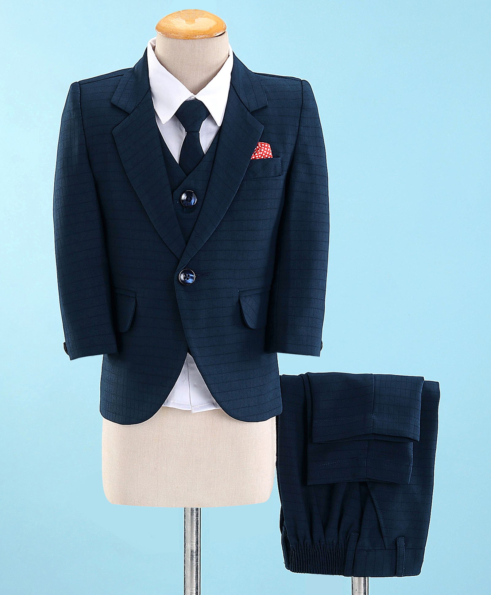 Robo Fry Full Sleeves Solid Colored Party Suit with Bow & Dotted Pocket Square - Navy-picture-19
