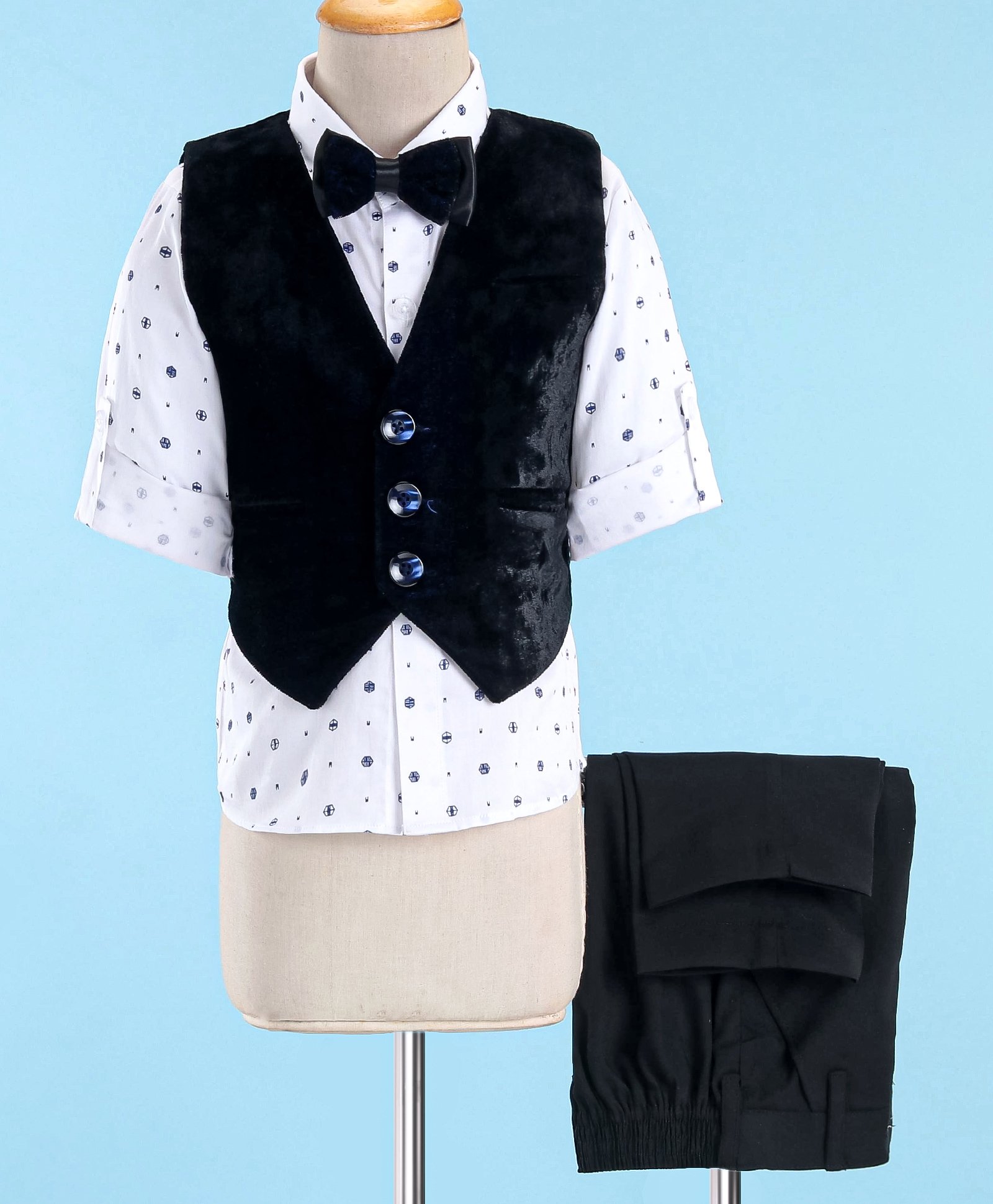 Robo Fry Velvet Dc Full Sleeves Solid Colour 3 Pieces Party Suit - Navy Blue-image-45