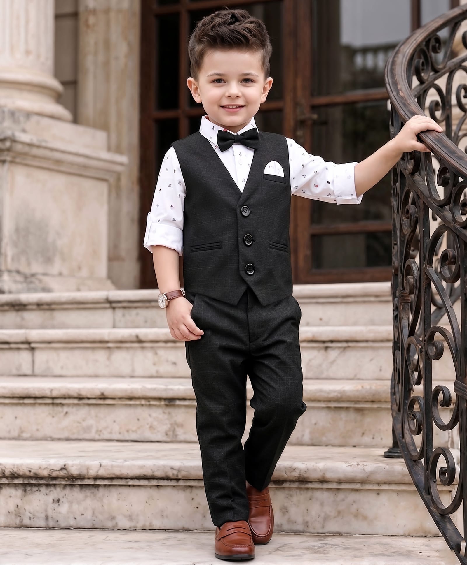 Robo Fry Woven Full Sleeves Solid Colour Three Piece Party Suit With Bow - Black-image-41