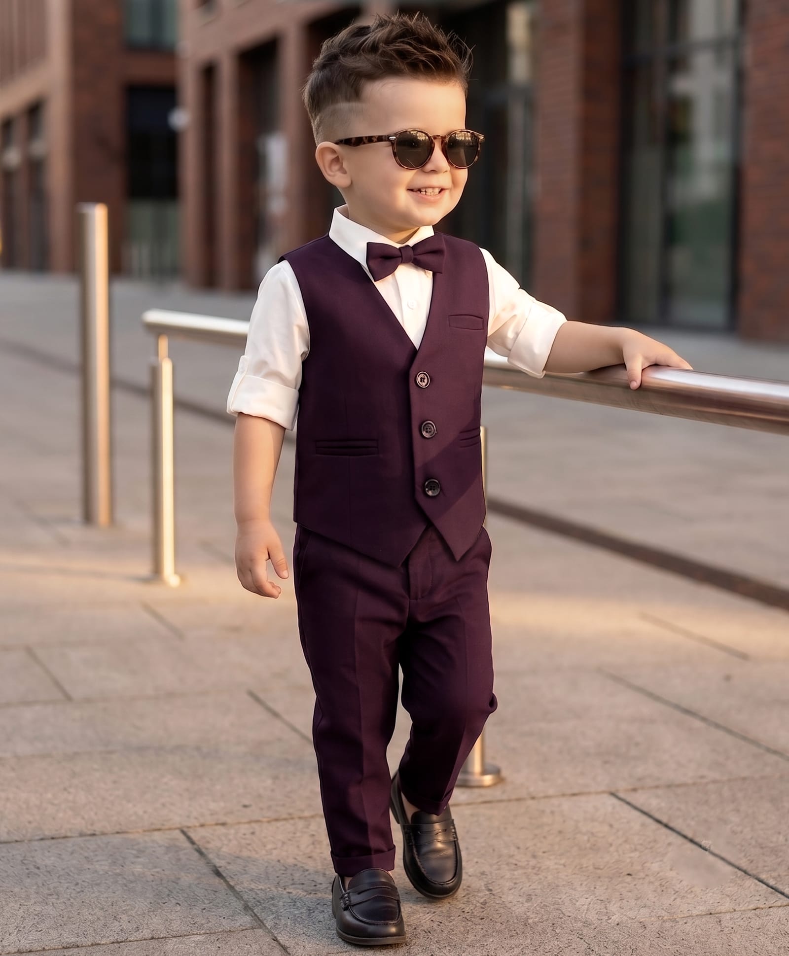 Robo Fry Full Sleeves 3 Pieces Party Suit With Bow - White & Maroon-image-22