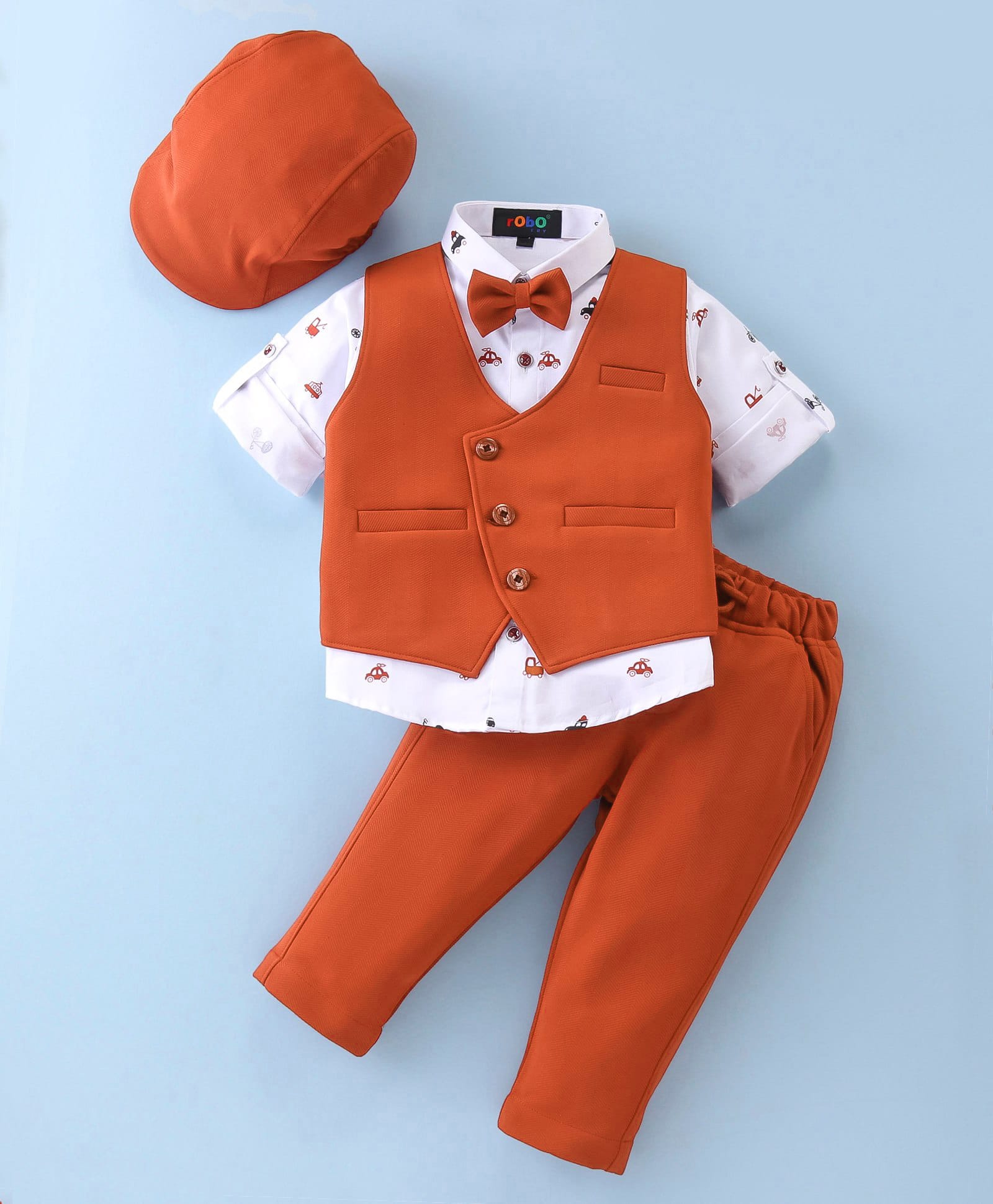Robo Fry Cotton Lycra Full Sleeves Three Piece Party Suit with Bow & Cap - Rust Red-picture-19