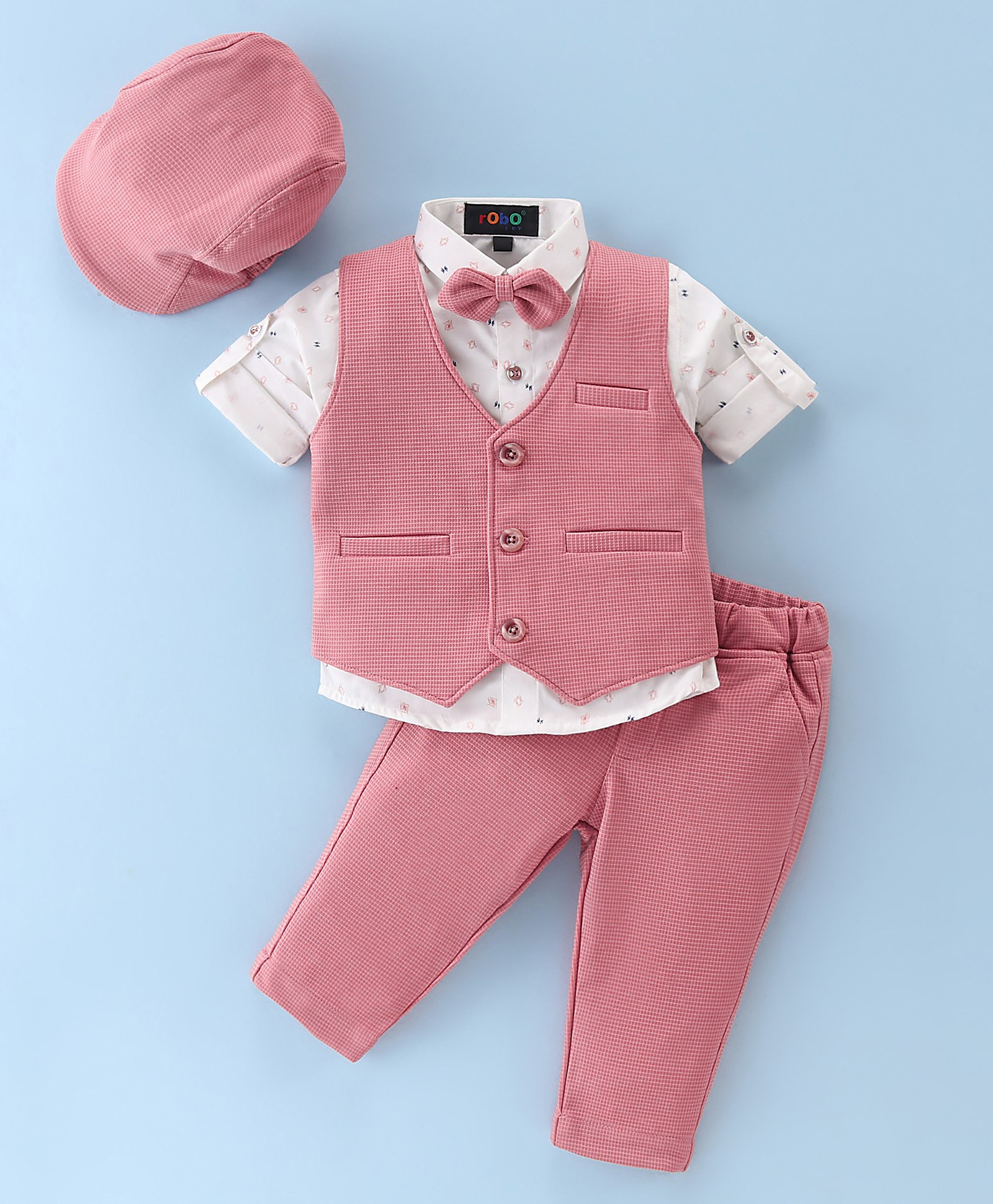 Robo Fry Cotton Lycra Full Sleeves Three Piece Party Suit With Hat - Pink-picture-16