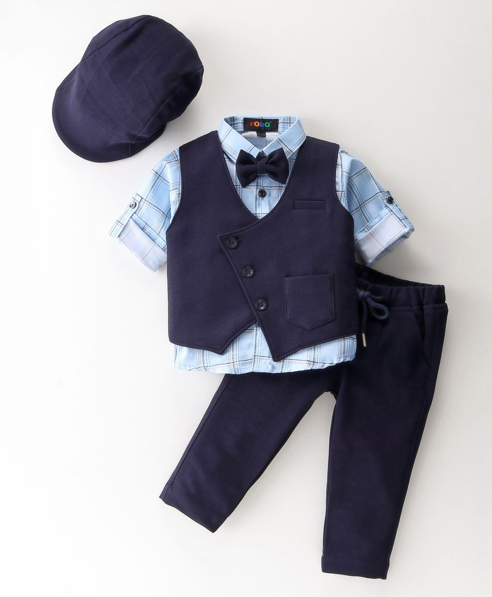 Robo Fry Full Sleeves Party Suits With Bow & Cap - Navy Blue-picture-12