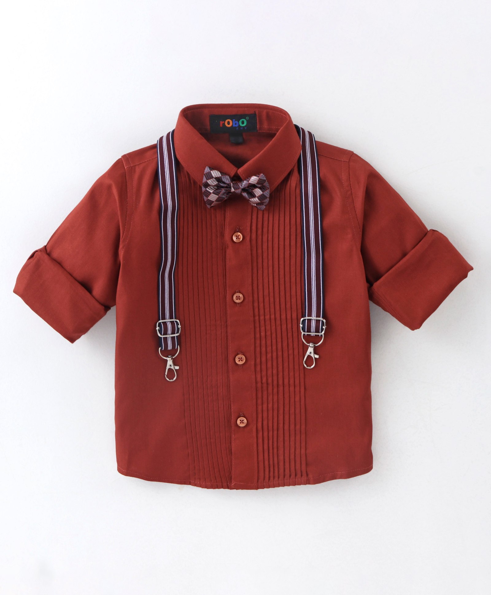 Robo Fry Cotton Full Sleeves Pintucks Party Shirt with Bow & Suspender - Maroon-picture-33