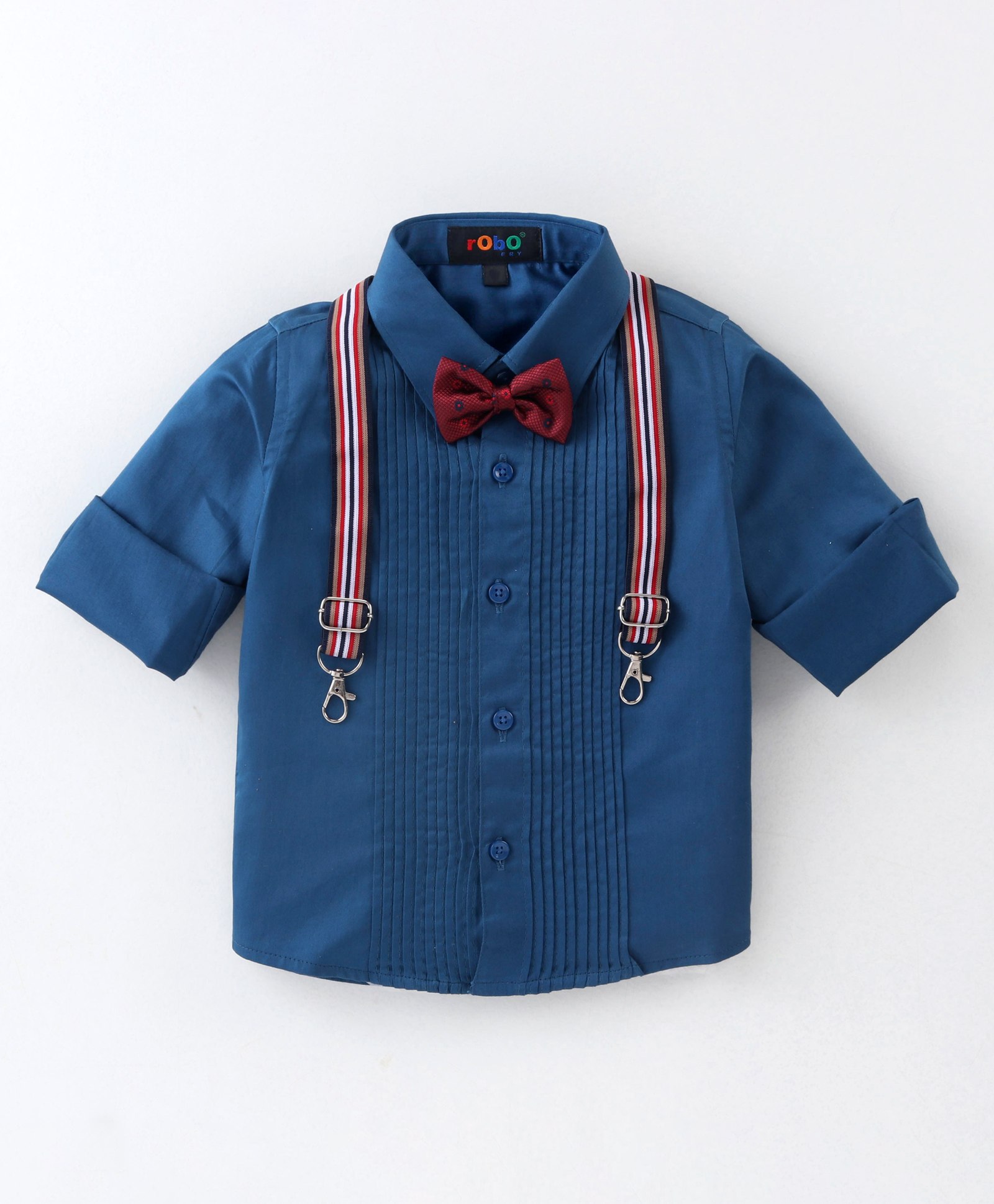 Robo Fry Cotton Full Sleeves Pintucks Party Shirt with Bow & Suspender - Blue-image-12