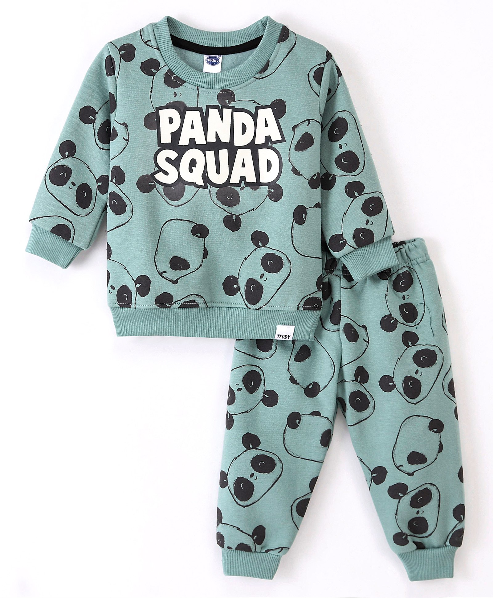 Teddy Fleece Full Sleeves Panda Printed Winter Night Suit - Green-image-20