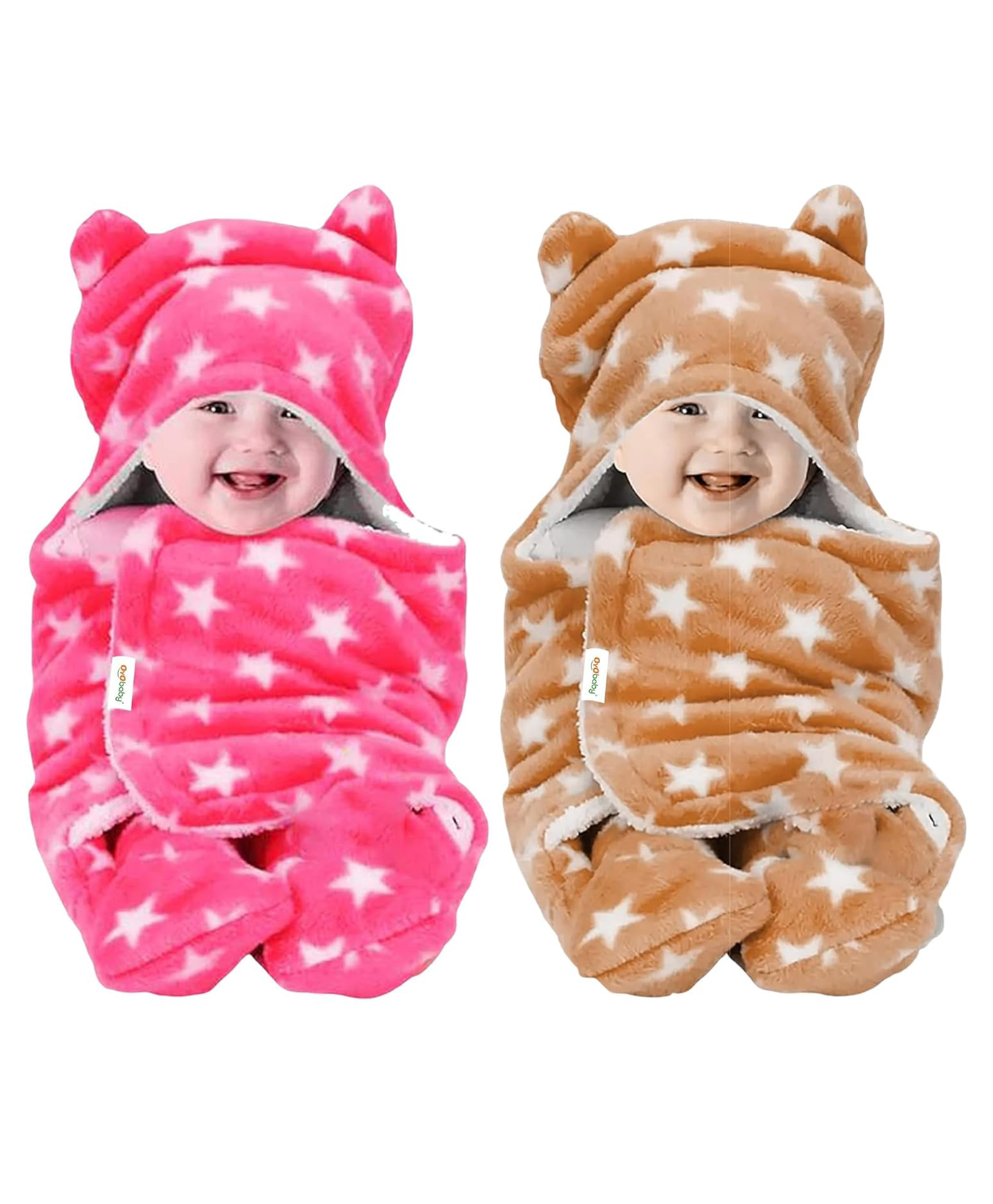 OyO Baby 3-in-1 Fleece Hooded Baby Blanket Wrappers Pack of 2 - Pink & Beige-image-47