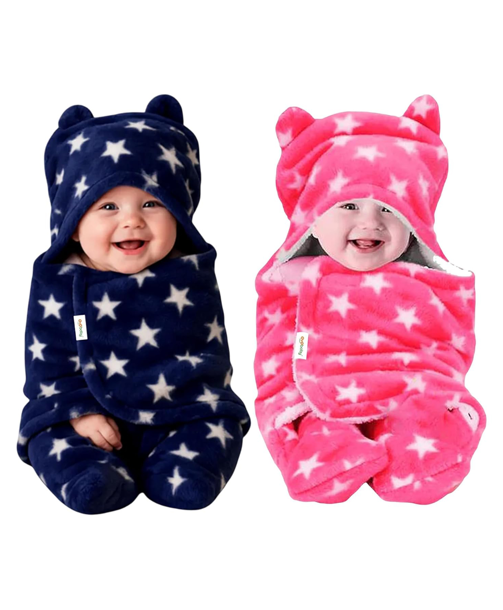 OyO Baby 3-in-1 Fleece Hooded Baby Blanket Wrappers Pack of 2 - Blue & Pink-image-48
