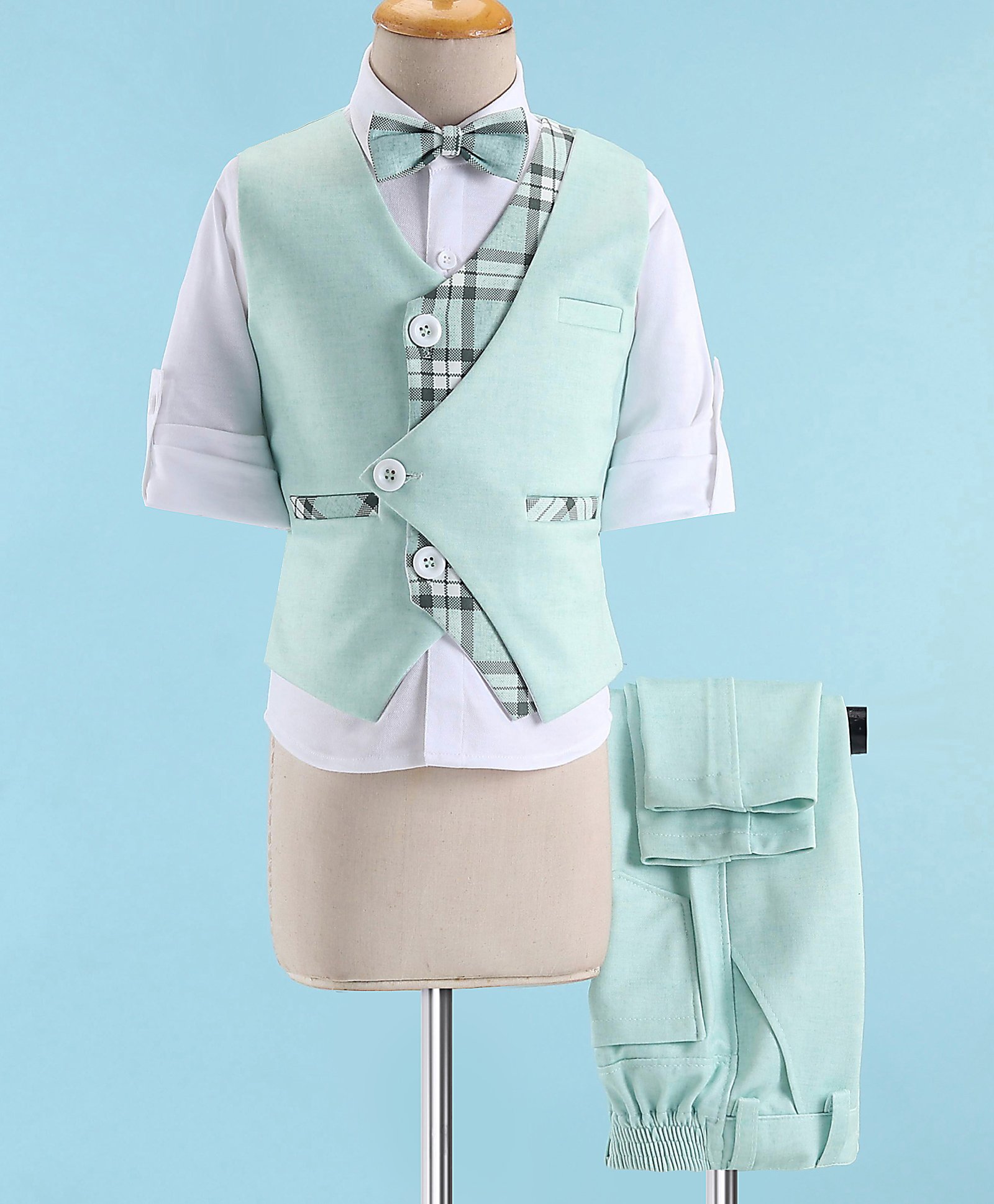 Robo Fry Cotton Dc Full Sleeves Checks 3 Pieces Party Suit - Mint-picture-1