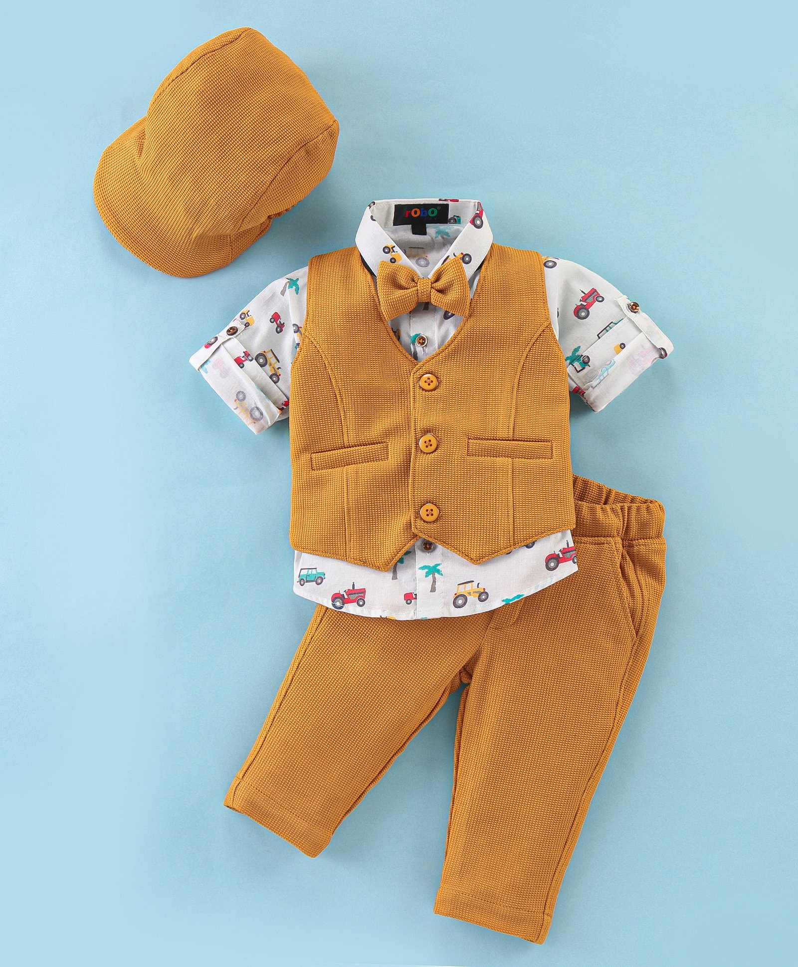 Robo Fry Cotton Knit Full Sleeves Checked Party Suit with Cap - Mustard-picture-28