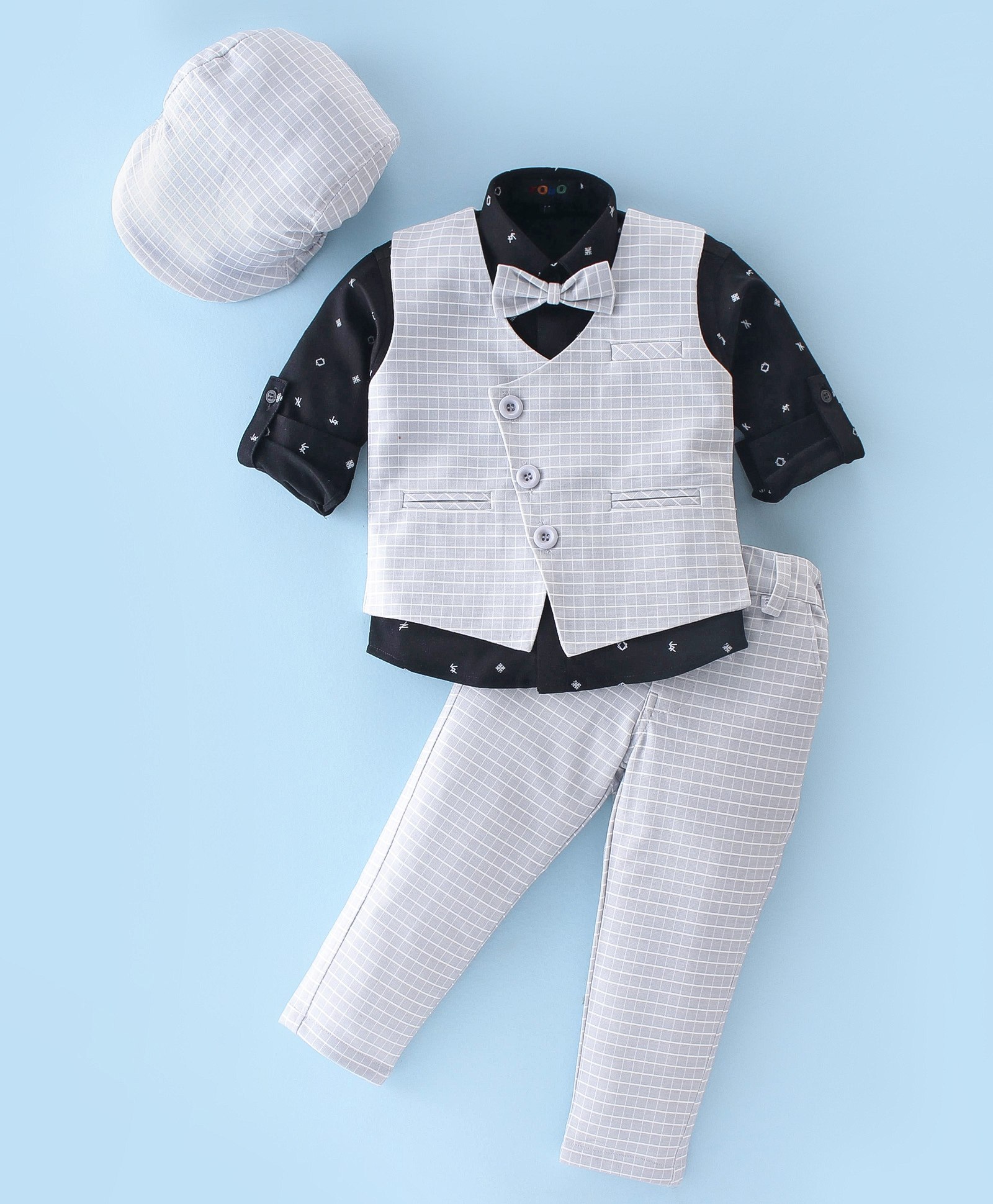Robo Fry Full Sleeves Checks Party Suit With Cap & Bow - Beige-picture-14
