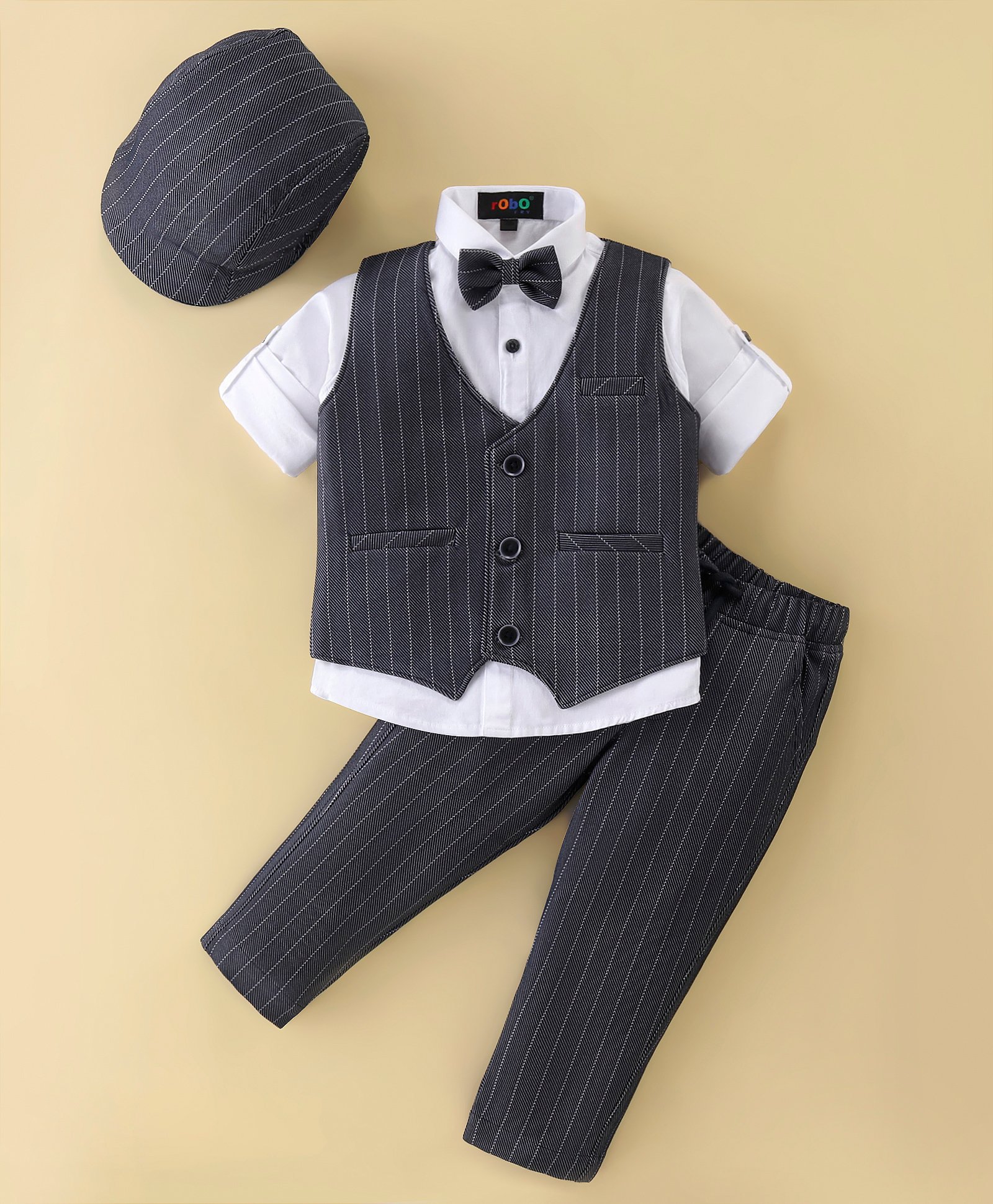 Robo Fry Knit Full Sleeves Party Suits With Cap & Bow Striped - Blue-picture-7