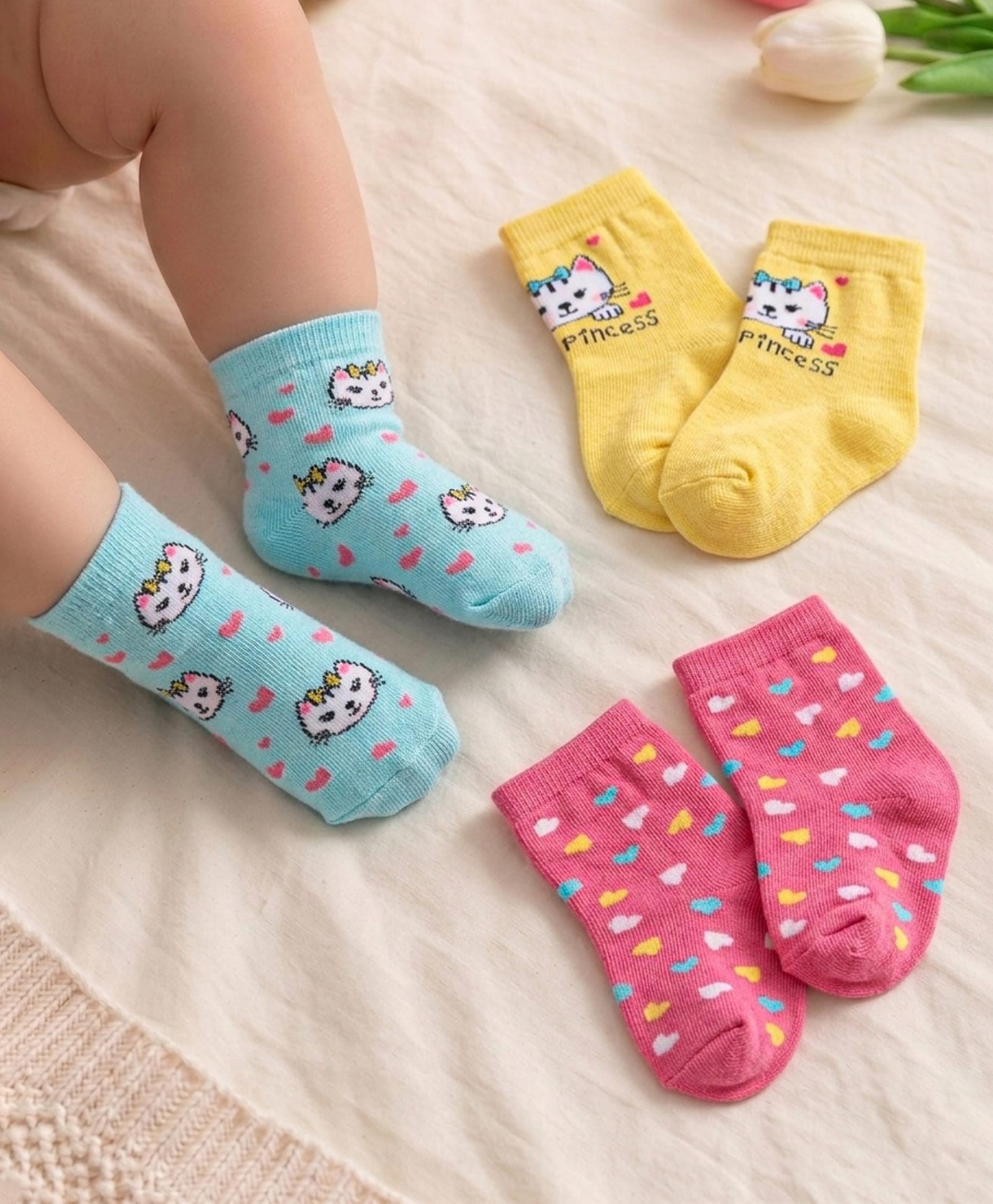 cute walk by babyhug Cutewalk By Babyhug Anti Bacterial Ankle Length Socks Kitty Design Pack Of 3 - Multicolour-picture-10