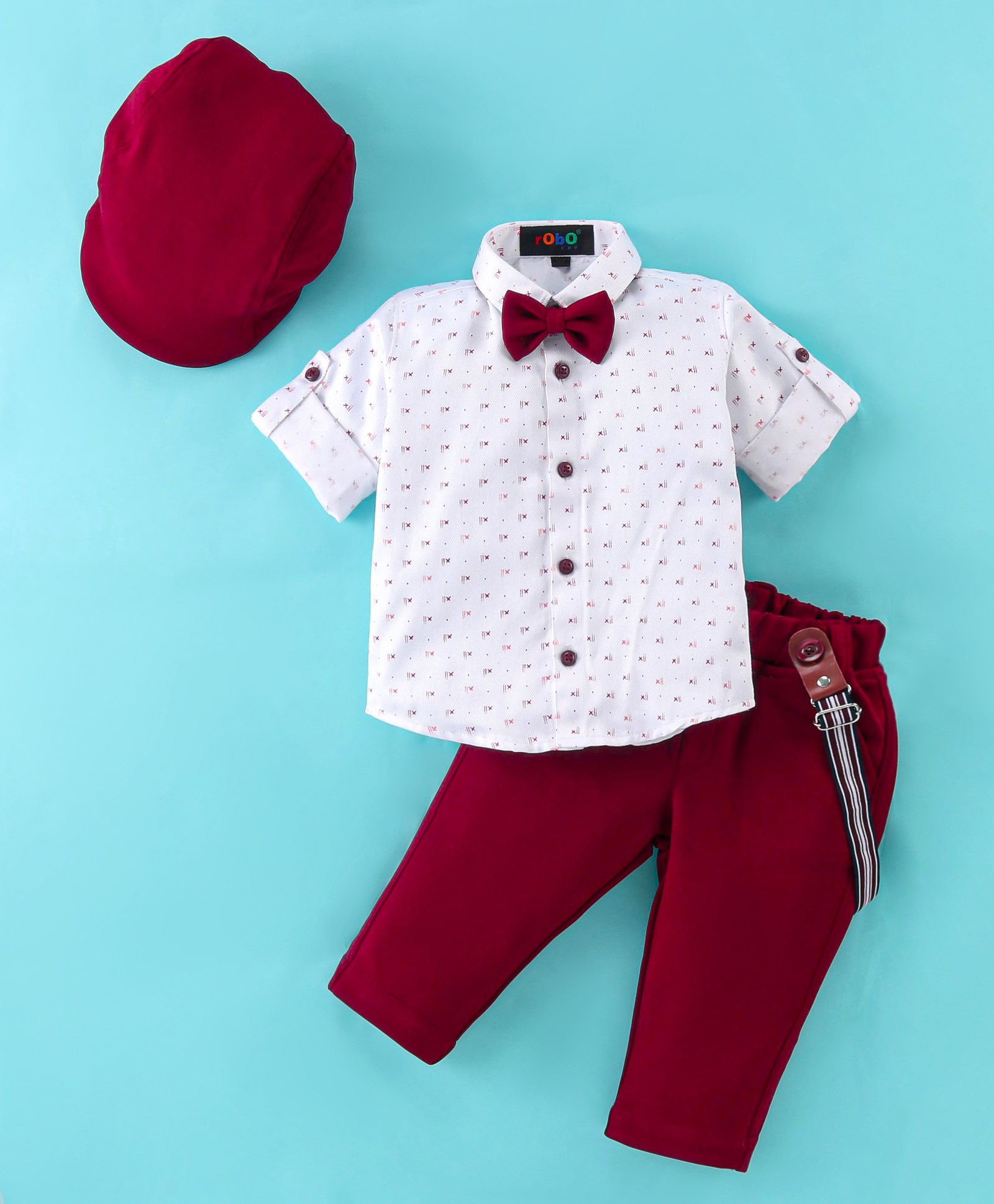 Robo Fry Cotton Lycra DC Full Sleeves Shirt & Pants Set With Suspender & Bow Abstract Print - White & Maroon-picture-25