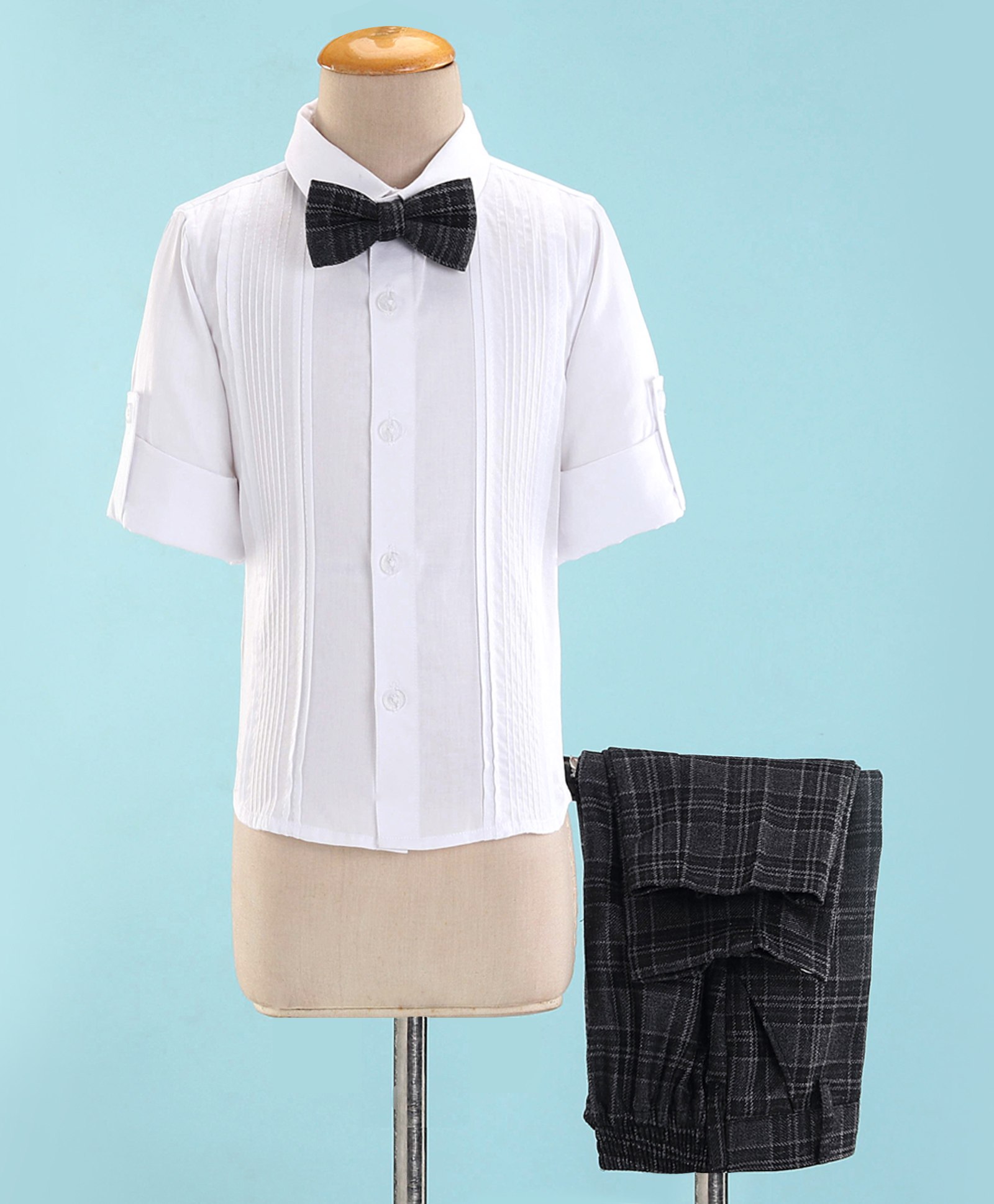 Robo Fry Cotton Lycra Full Sleeves Shirt with Bow and Pants Set Checks - White-picture-47