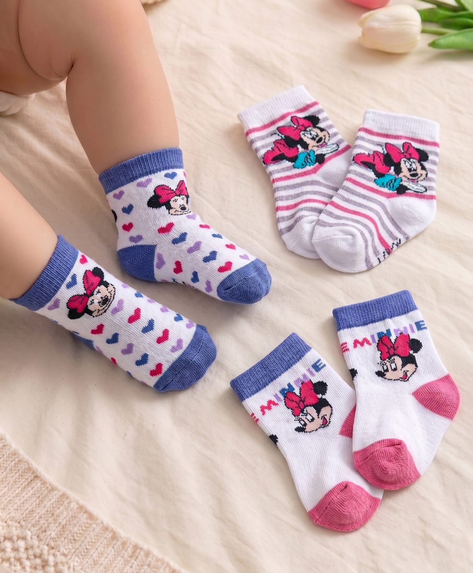 Cutewalk Disney By Babyhug Anti Bacterial Ankle Length Socks Minnie Mouse Design Pack Of 3 - Multicolour-image-37