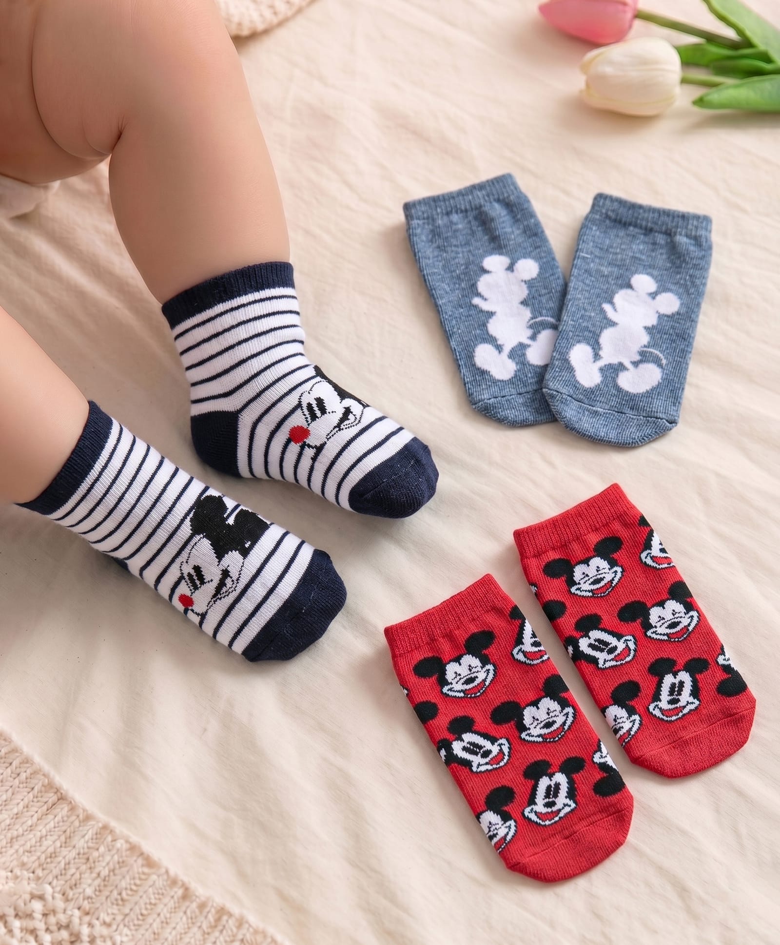 cute walk by babyhug Cute Walk Disney by Babyhug Cotton Knit Ankle Length Anti Bacterial Socks Stripes & Mickey Mouse Design Pack of 3 - Red White & Grey-picture-16